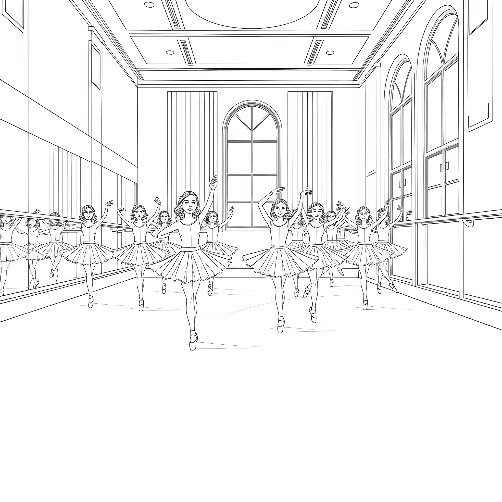 Ballerina dancers performing on stage Coloring Page (free black-and-white line drawing printable PDF for all, from beginners to advanced learners, including children, teens, adults, and seniors)