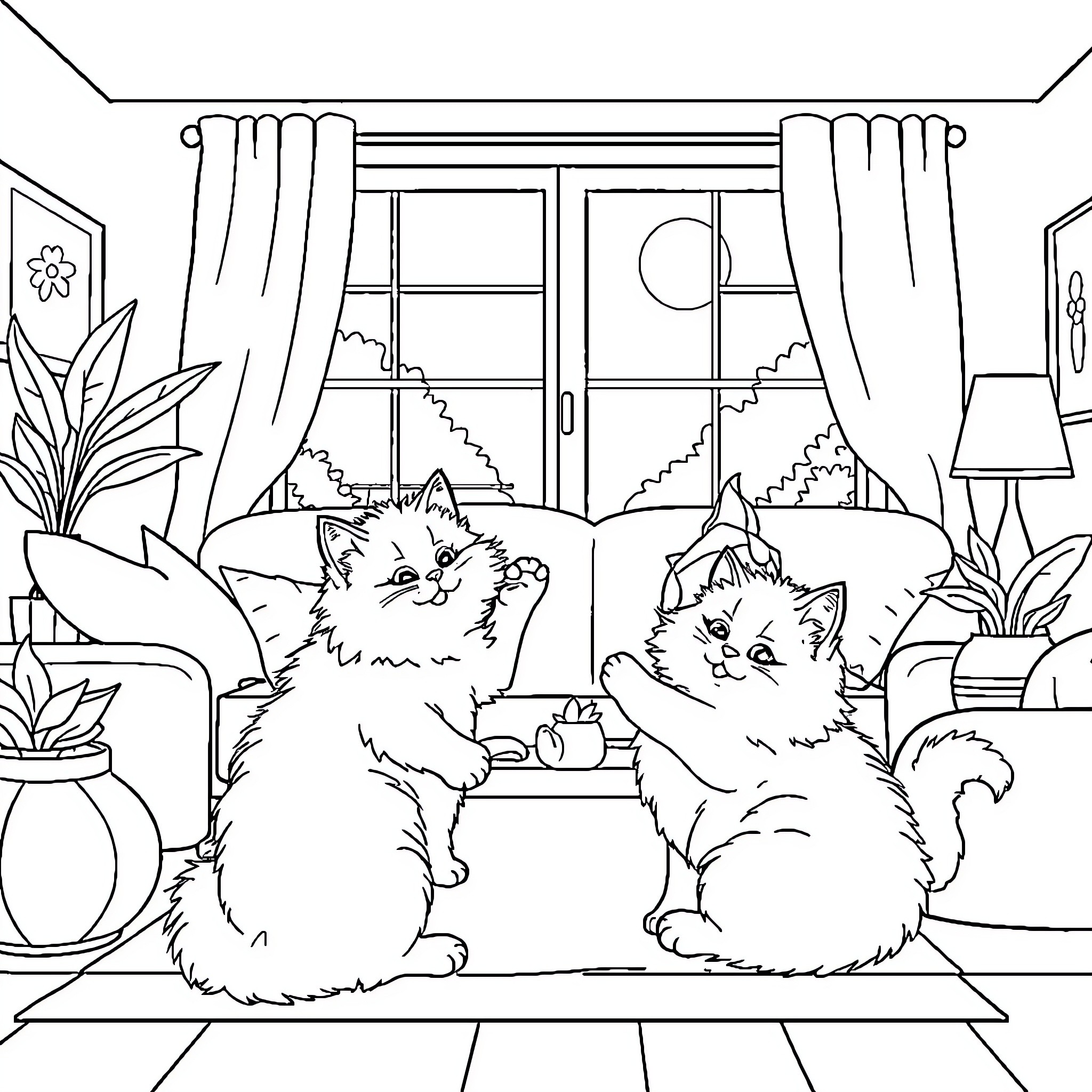 Cats Relaxing in Cozy Home Coloring Page (free black-and-white line drawing printable PDF for all, from beginners to advanced learners, including children, teens, adults, and seniors)