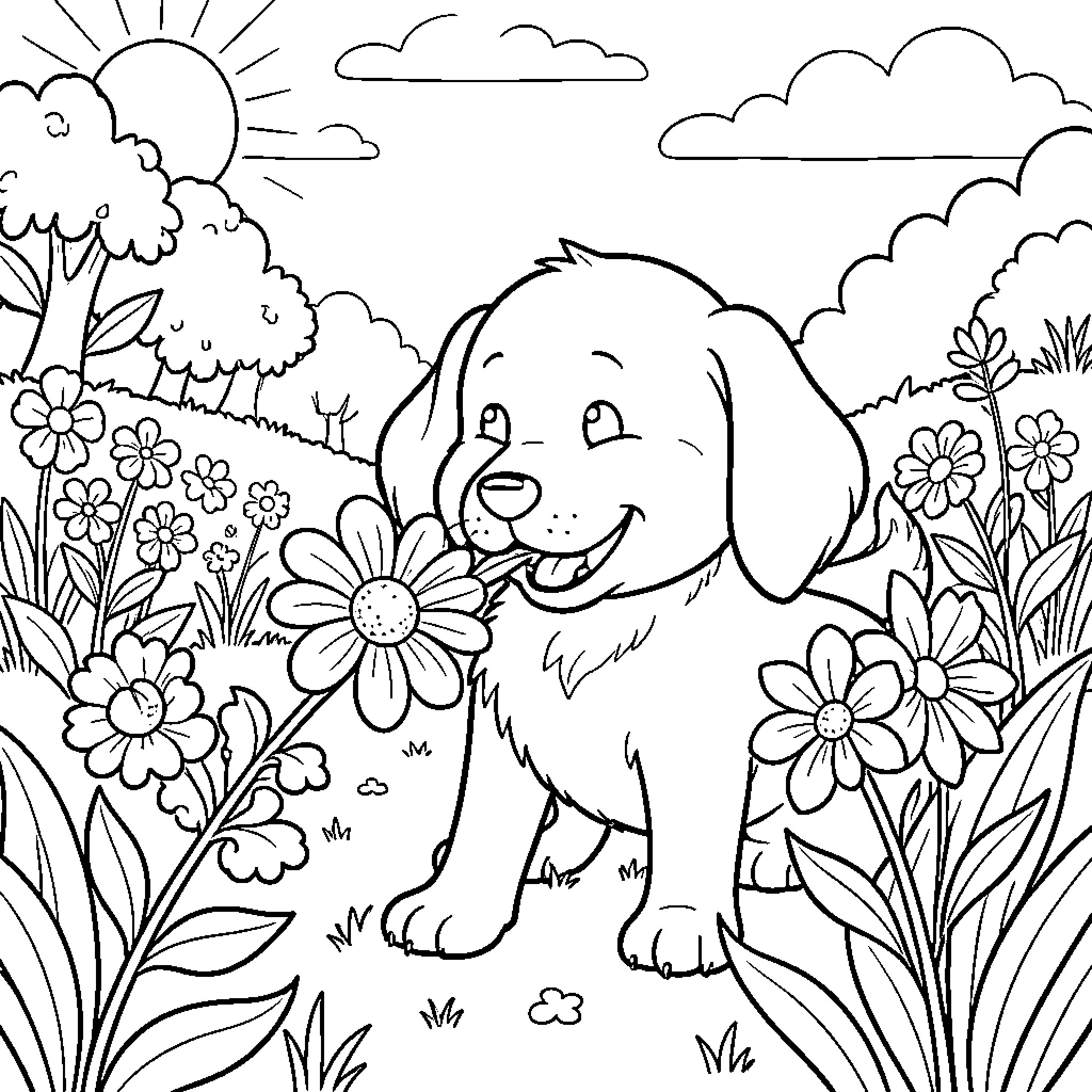 Dog enjoying a sunny day in the garden Coloring Page (free black-and-white line drawing printable PDF for all, from beginners to advanced learners, including children, teens, adults, and seniors)