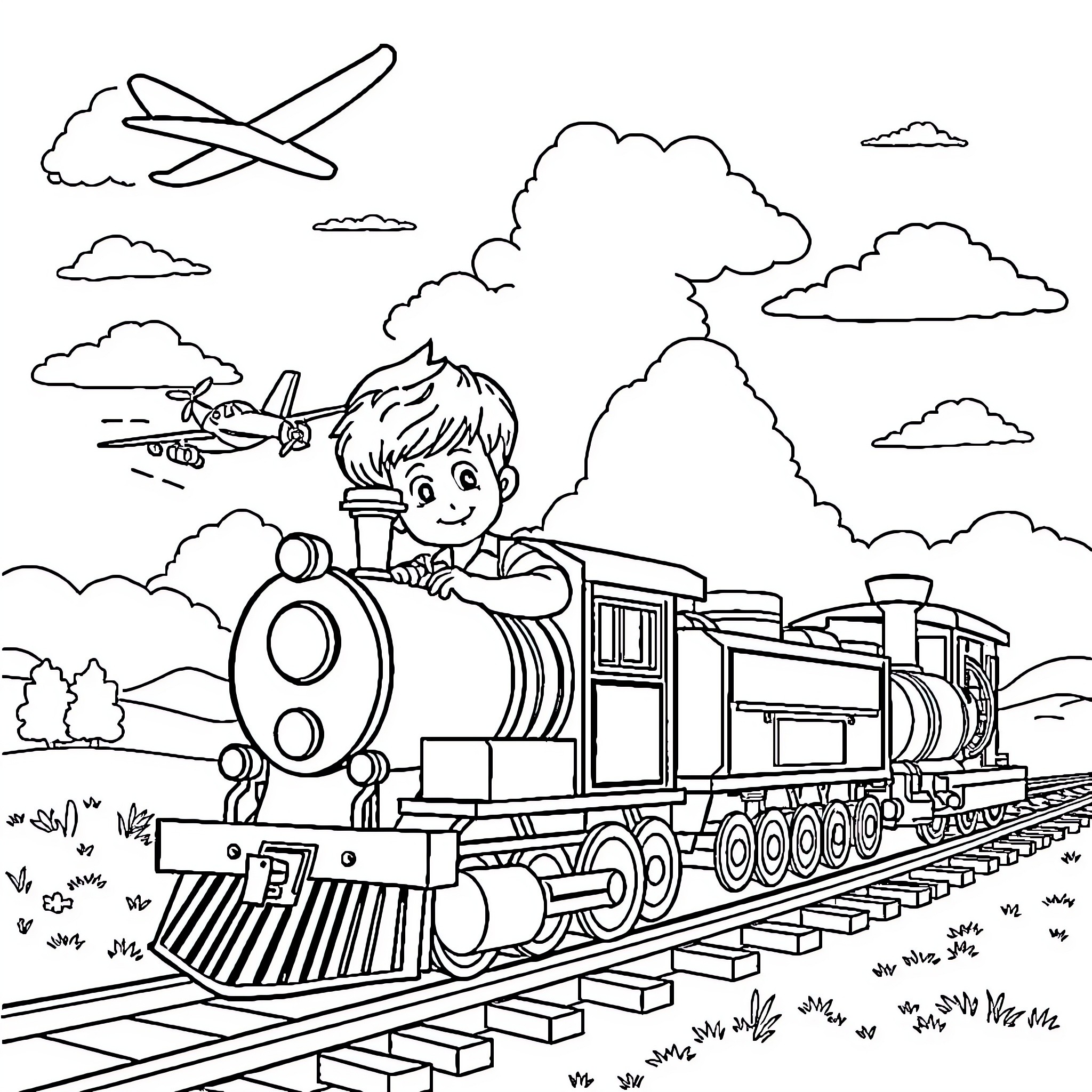 Lucas Rides a Whimsical Train Through the Countryside Coloring Page (free black-and-white line drawing printable PDF for all, from beginners to advanced learners, including children, teens, adults, and seniors)