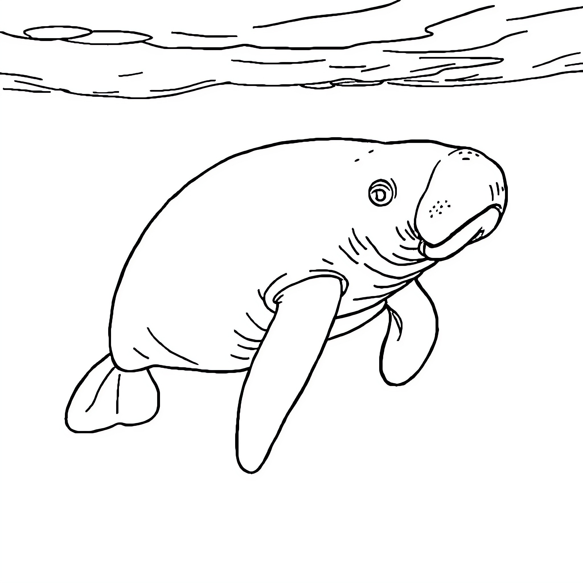 Manatee swimming in the ocean Coloring Page (free black-and-white line drawing printable PDF for all, from beginners to advanced learners, including children, teens, adults, and seniors)