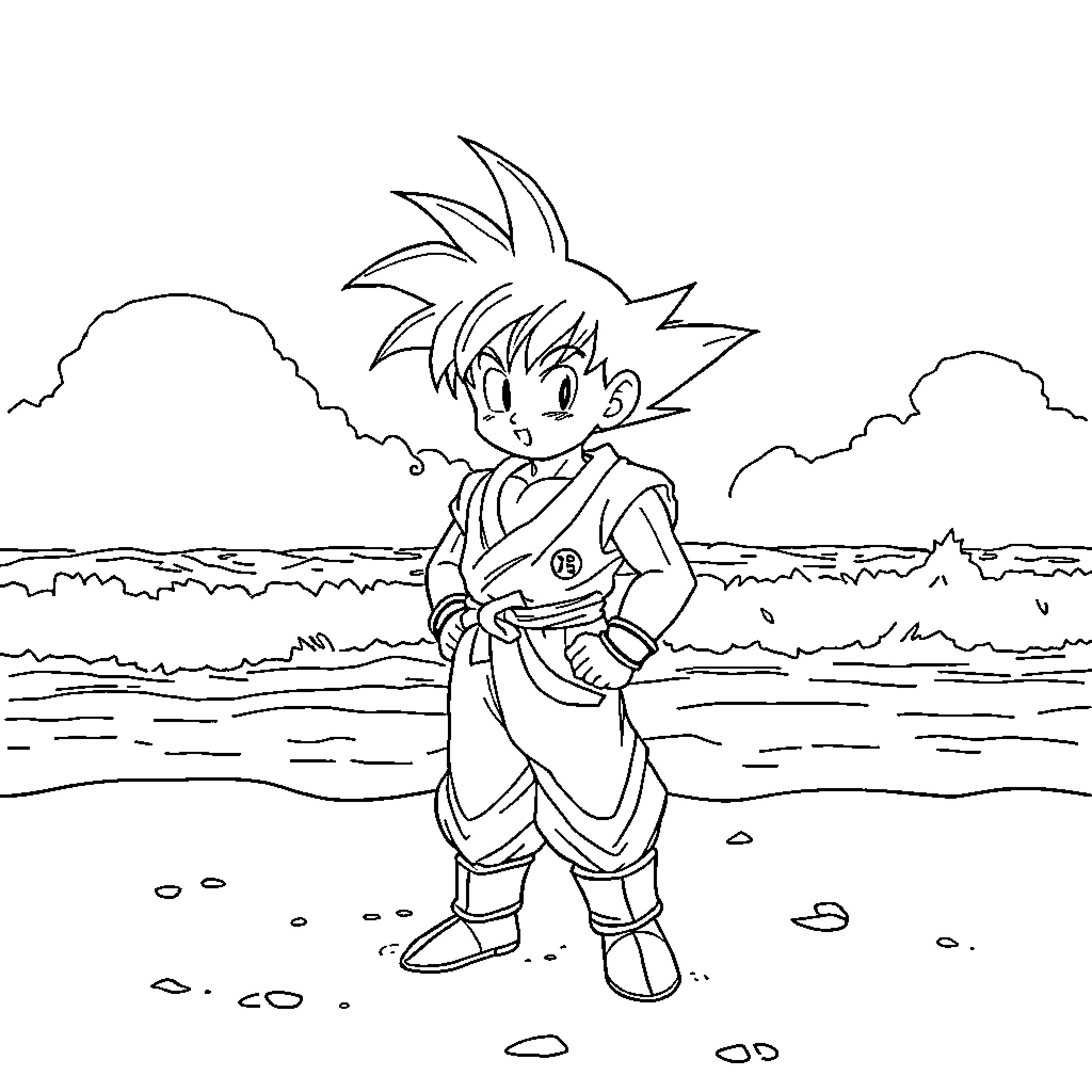 Goku enjoying a scenic landscape Coloring Page (free black-and-white line drawing printable PDF for all, from beginners to advanced learners, including children, teens, adults, and seniors)