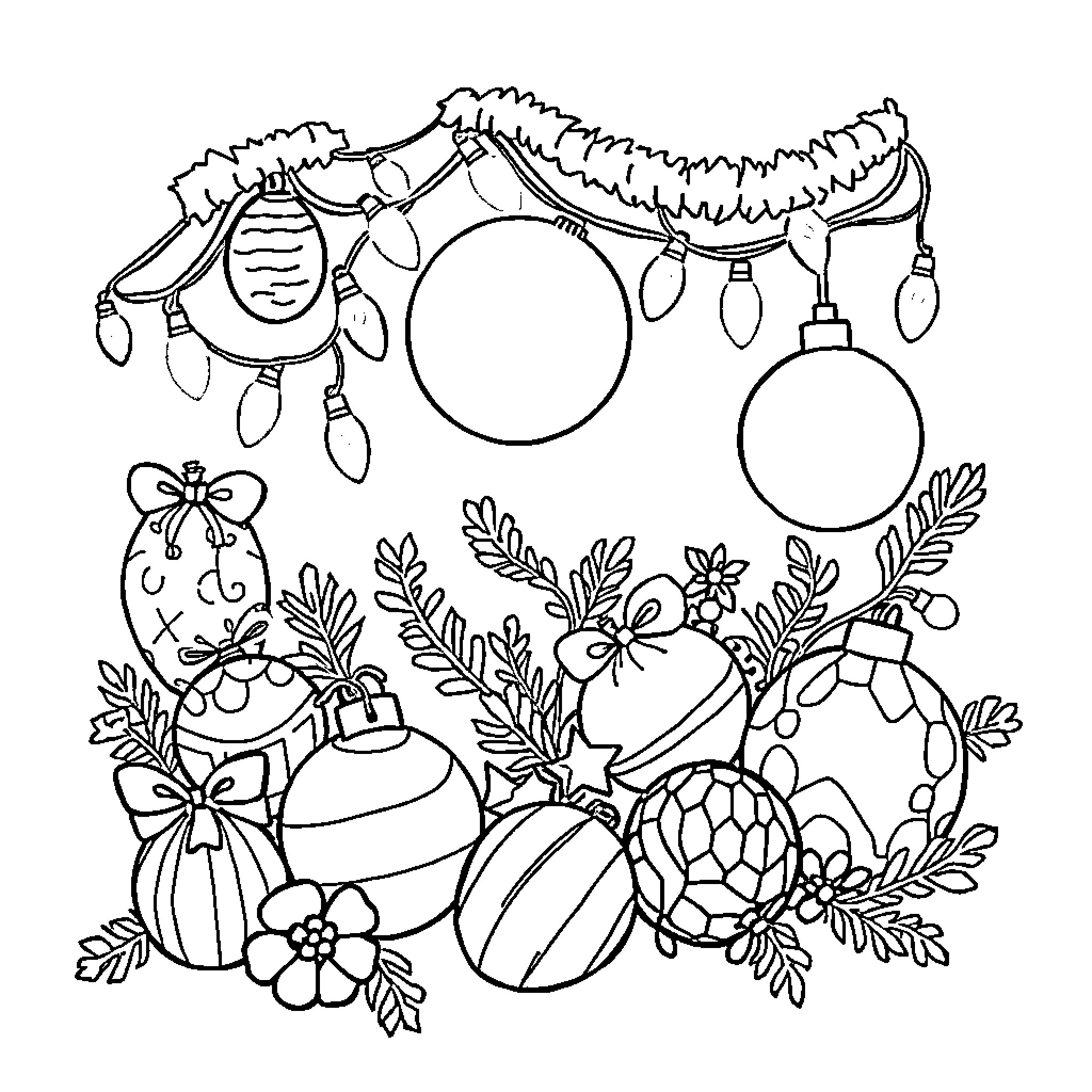 Christmas Decorations and Ornaments Coloring Page (free black-and-white line drawing printable PDF for all, from beginners to advanced learners, including children, teens, adults, and seniors)