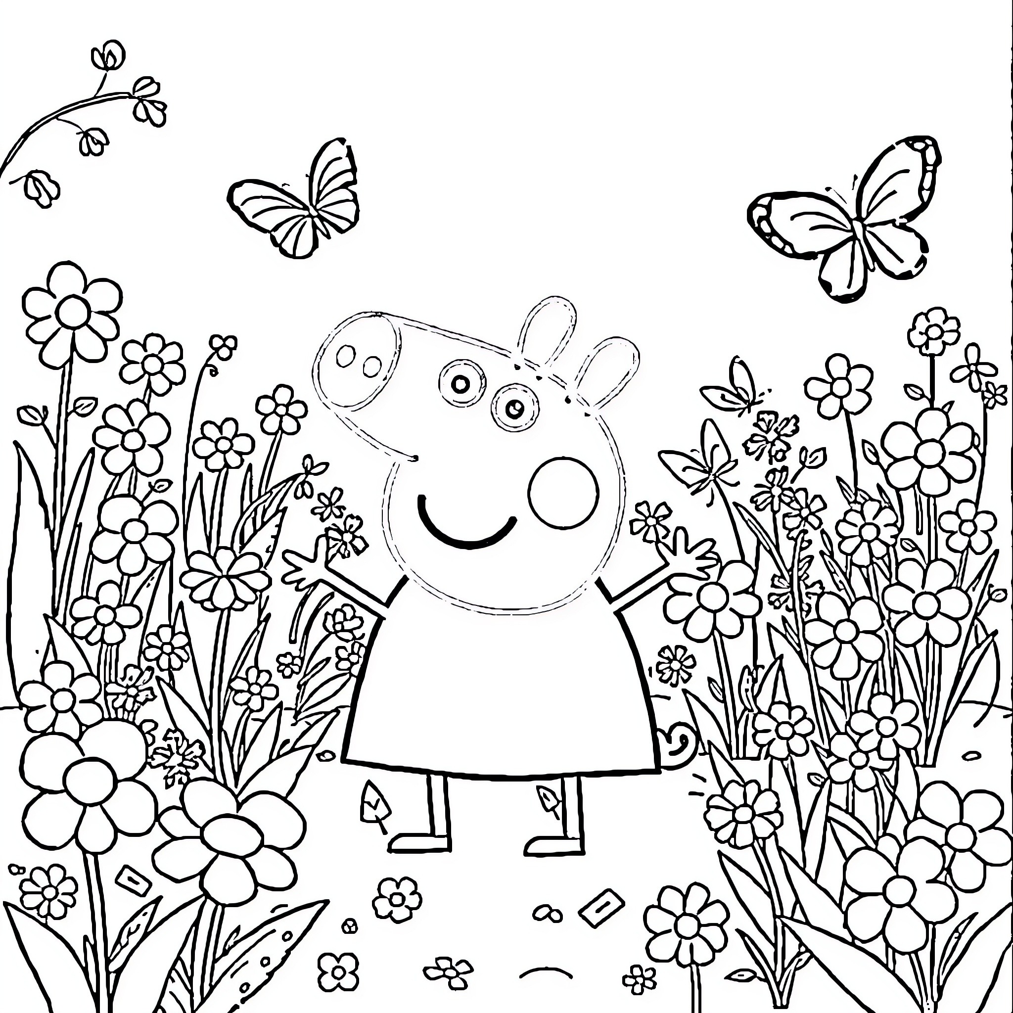 Peppa Pig exploring a floral garden with butterflies Coloring Page (free black-and-white line drawing printable PDF for all, from beginners to advanced learners, including children, teens, adults, and seniors)