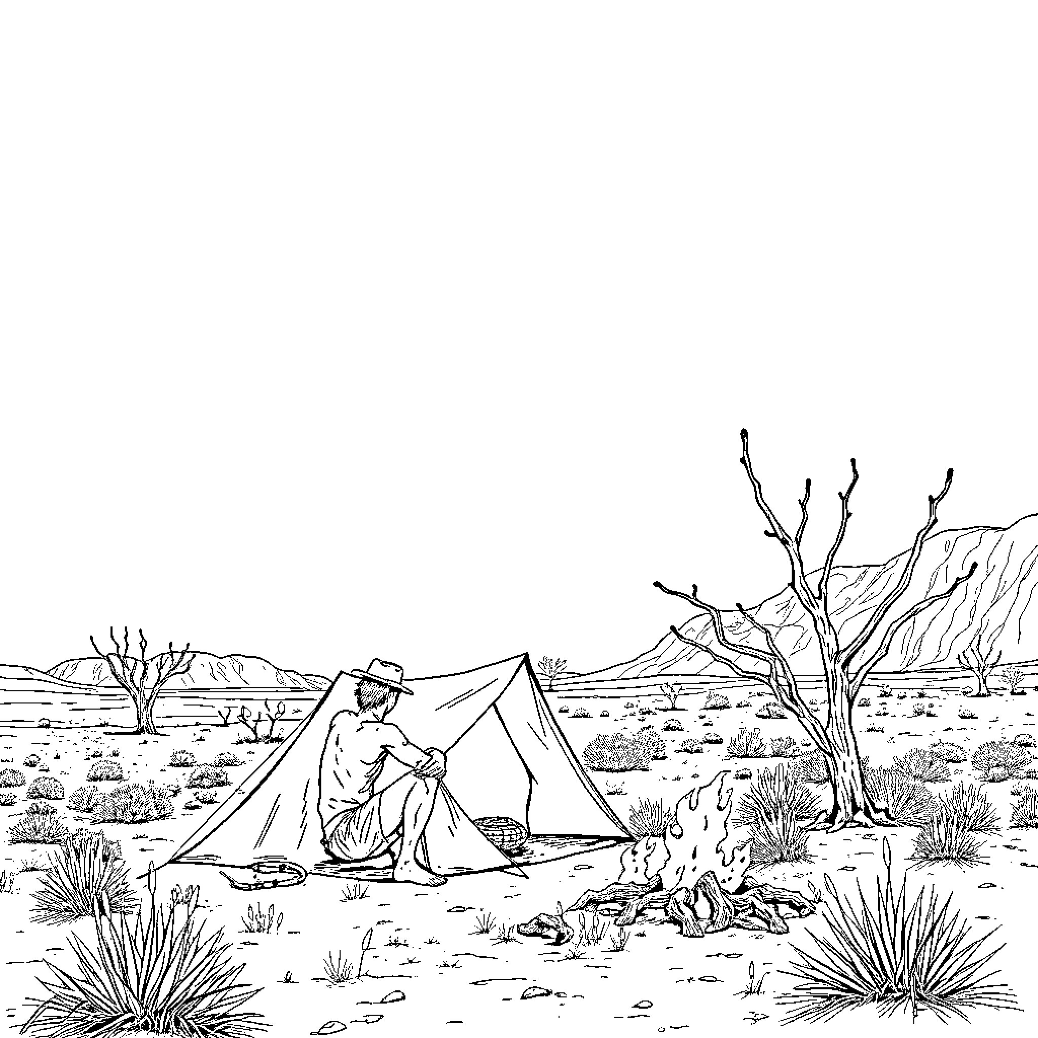 Bushman camping in the desert wilderness Coloring Page (free black-and-white line drawing printable PDF for all, from beginners to advanced learners, including children, teens, adults, and seniors)