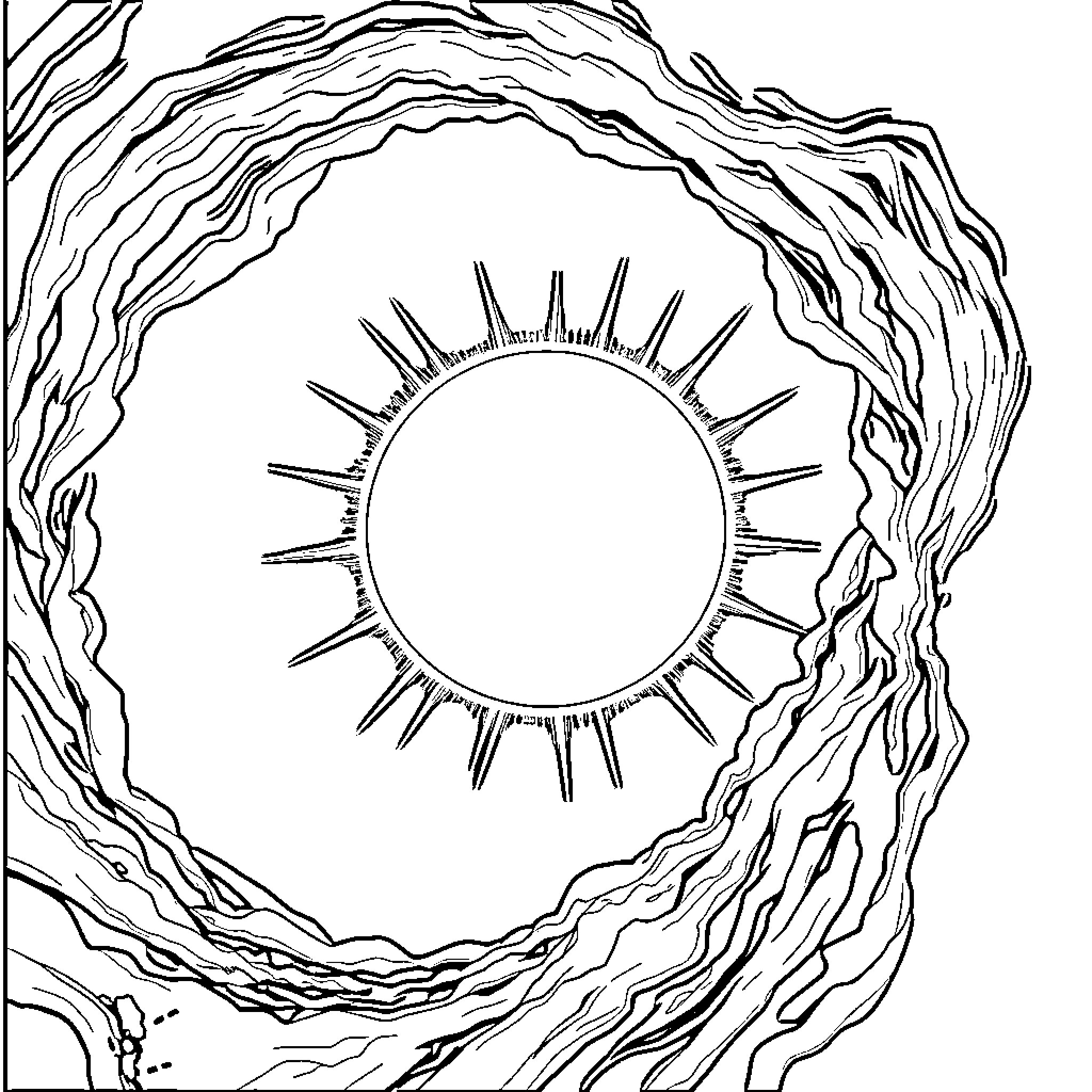 Sun rising through abstract landscape Coloring Page (free black-and-white line drawing printable PDF for all, from beginners to advanced learners, including children, teens, adults, and seniors)
