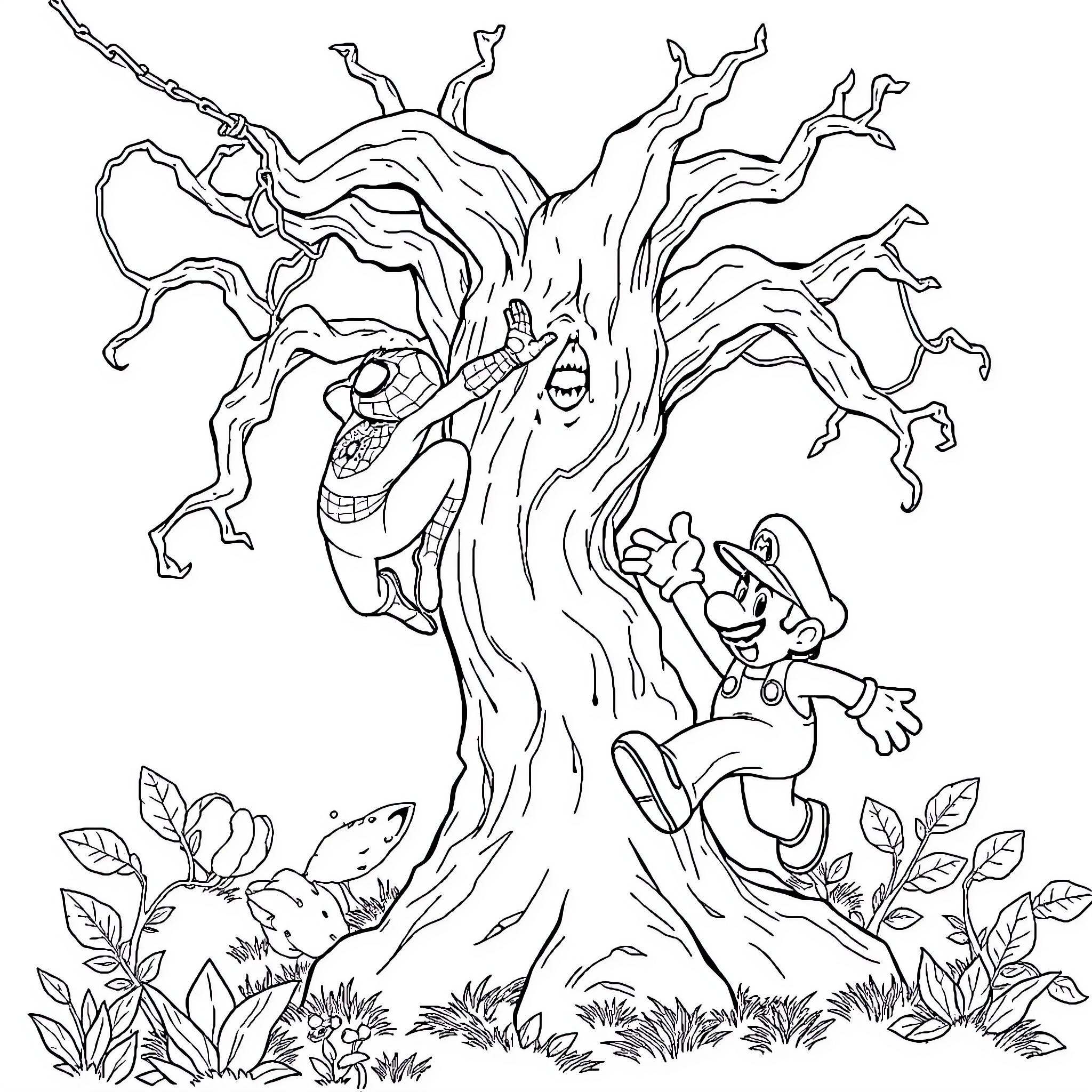 Spider-Man and friends exploring spooky tree Coloring Page (free black-and-white line drawing printable PDF for all, from beginners to advanced learners, including children, teens, adults, and seniors)