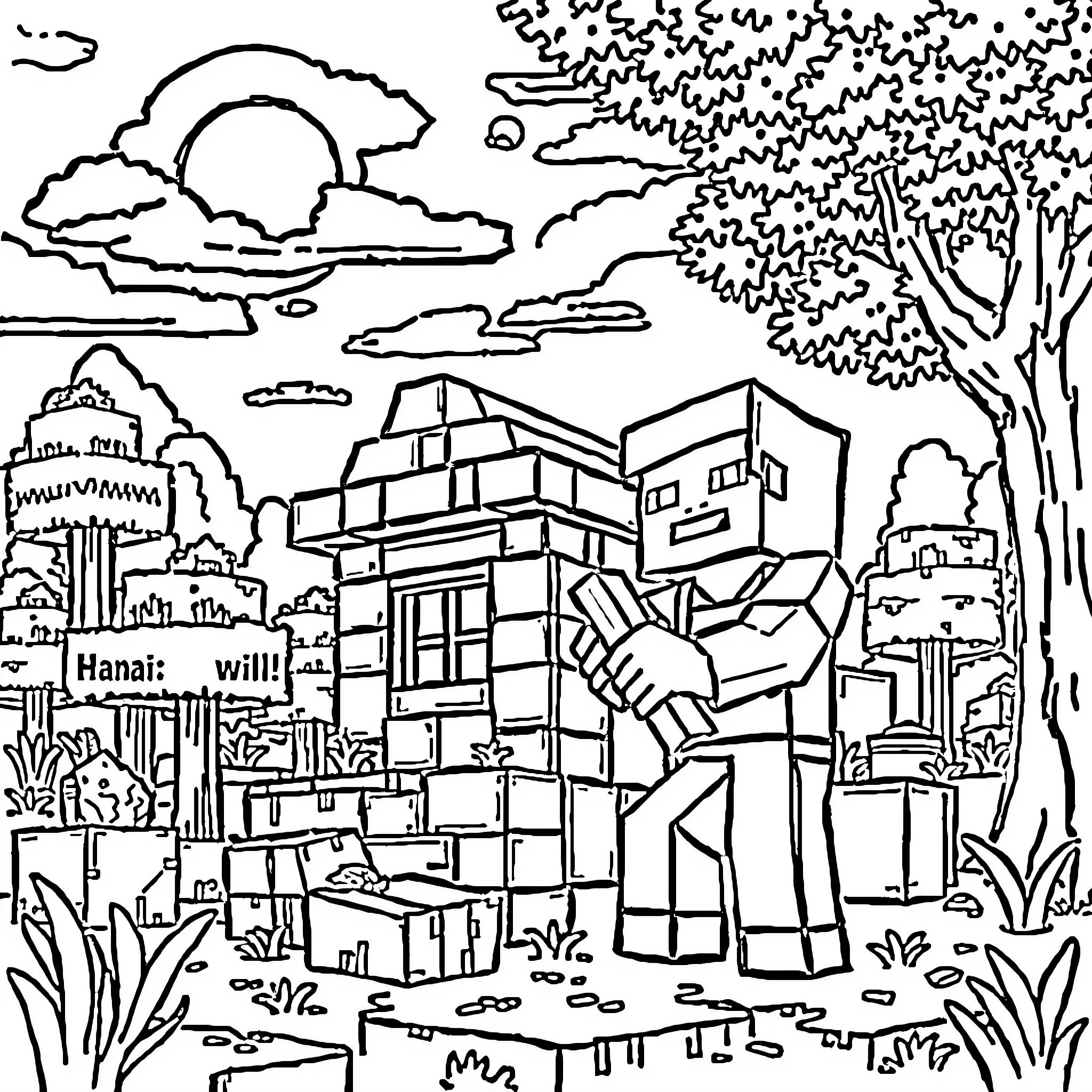 Steve Explores the Vibrant City Landscape Coloring Page (free black-and-white line drawing printable PDF for all, from beginners to advanced learners, including children, teens, adults, and seniors)
