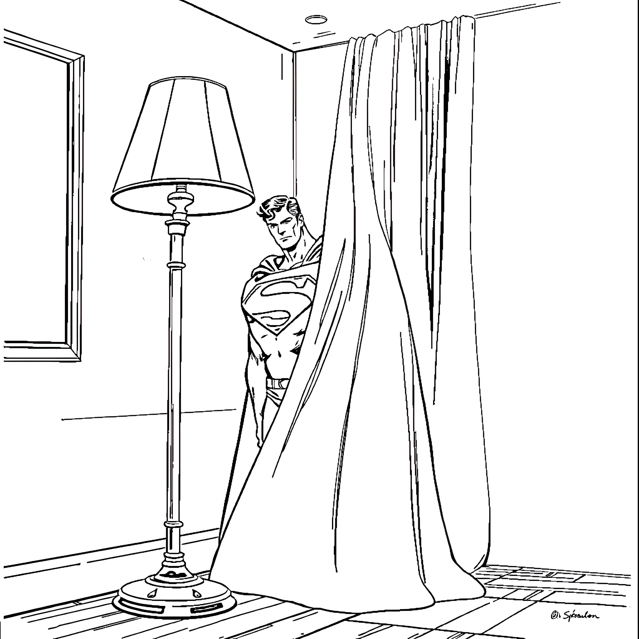 Superman watching over the room through curtains Coloring Page (free black-and-white line drawing printable PDF for all, from beginners to advanced learners, including children, teens, adults, and seniors)