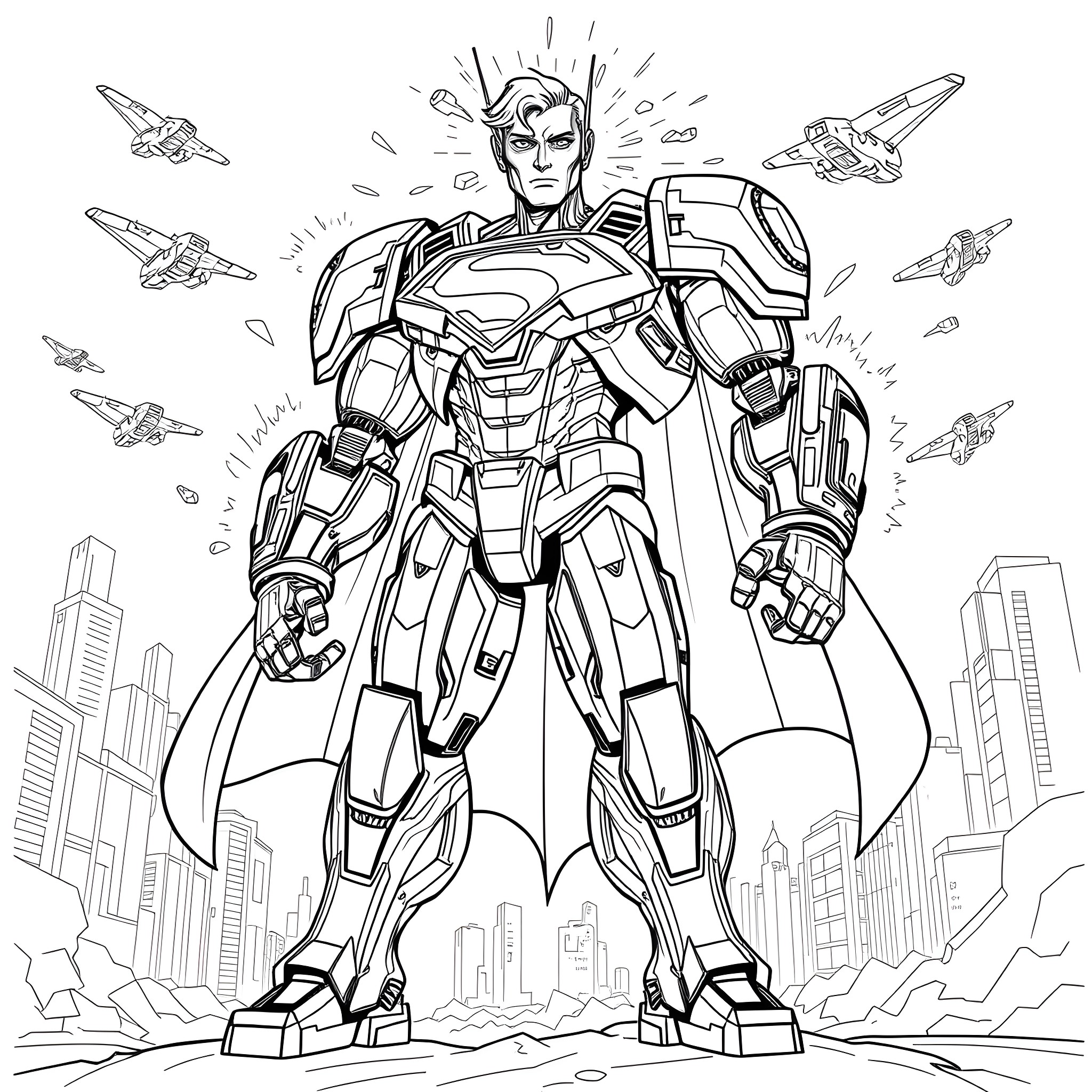 Mecha Superman in action-packed sci-fi scene Coloring Page (free black-and-white line drawing printable PDF for all, from beginners to advanced learners, including children, teens, adults, and seniors)