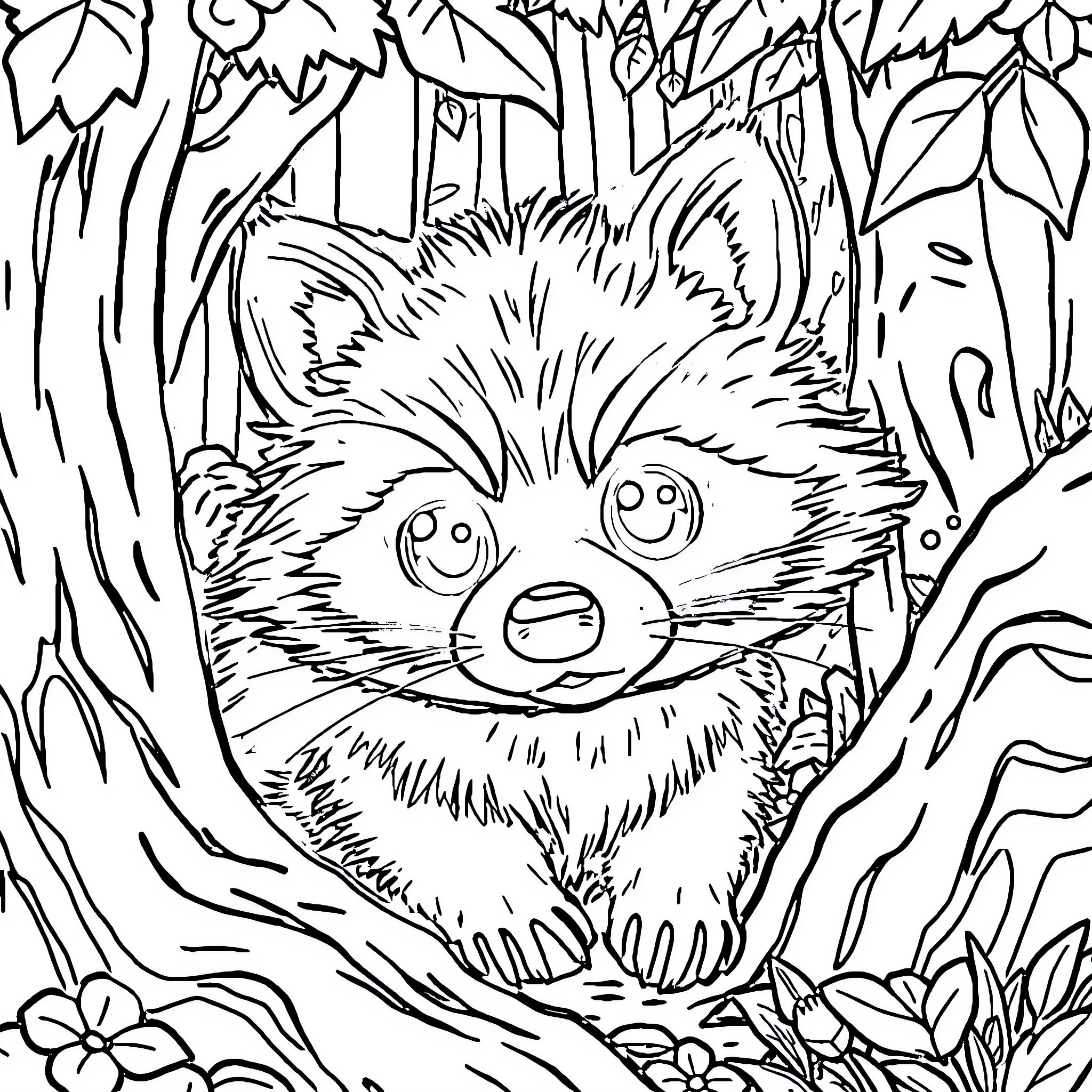 Meeko the playful raccoon in the enchanting forest Coloring Page (free black-and-white line drawing printable PDF for all, from beginners to advanced learners, including children, teens, adults, and seniors)