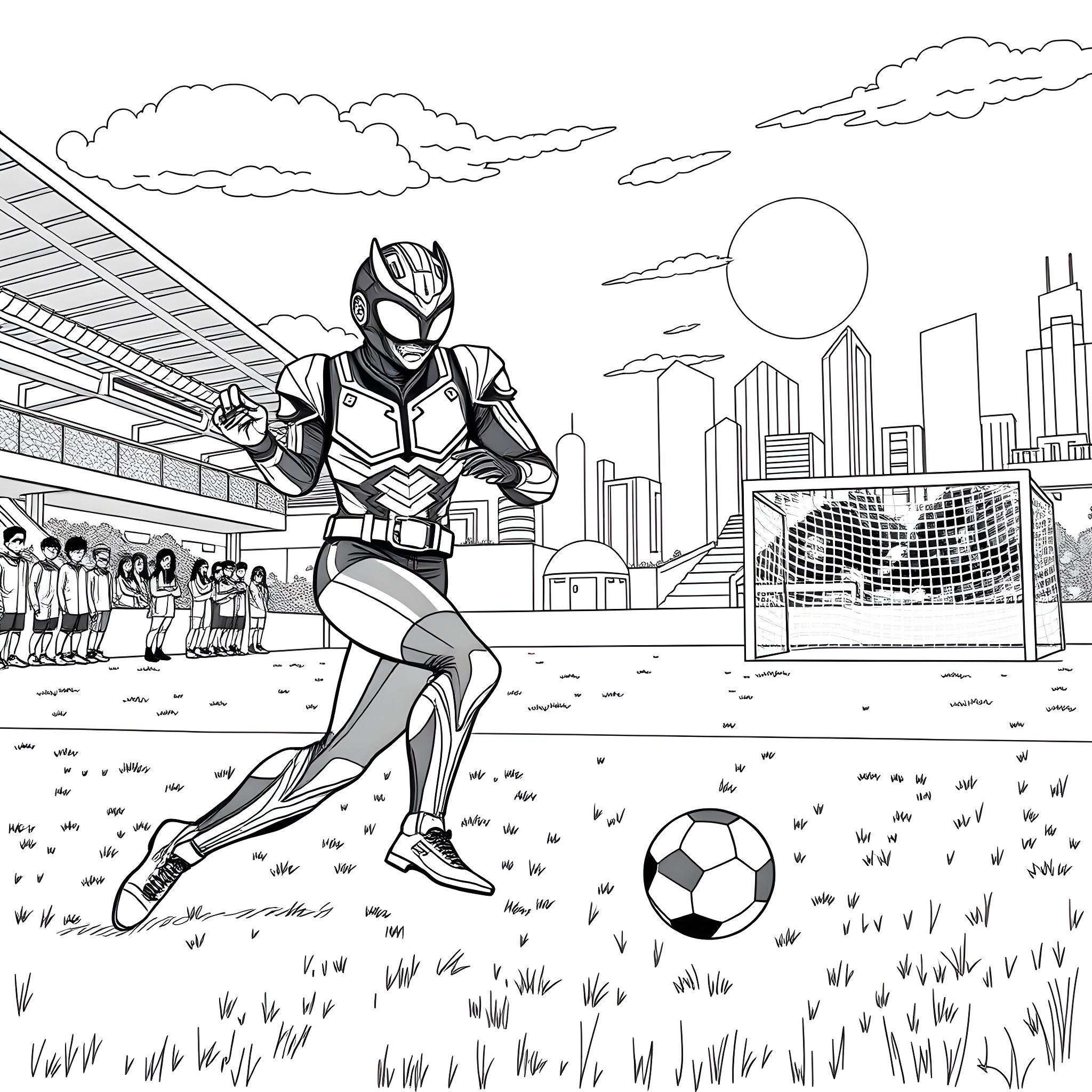 Kamen Rider Geats playing soccer in the city Coloring Page (free black-and-white line drawing printable PDF for all, from beginners to advanced learners, including children, teens, adults, and seniors)