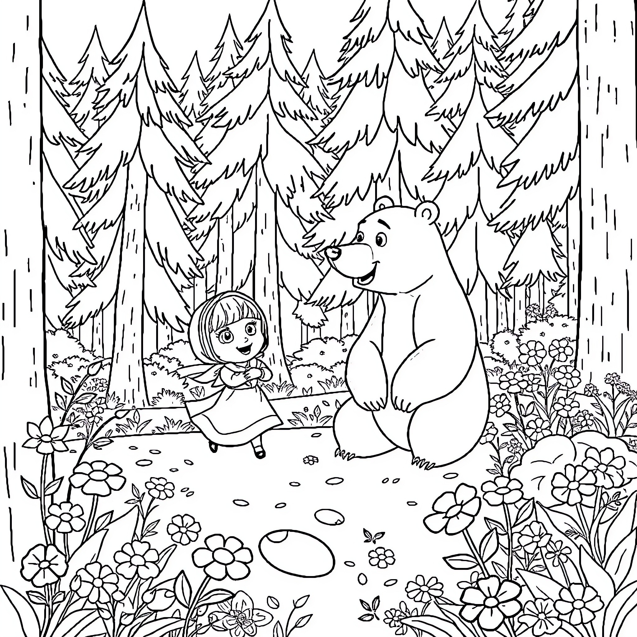 Masha and the bear explore the forest Coloring Page (free black-and-white line drawing printable PDF for all, from beginners to advanced learners, including children, teens, adults, and seniors)