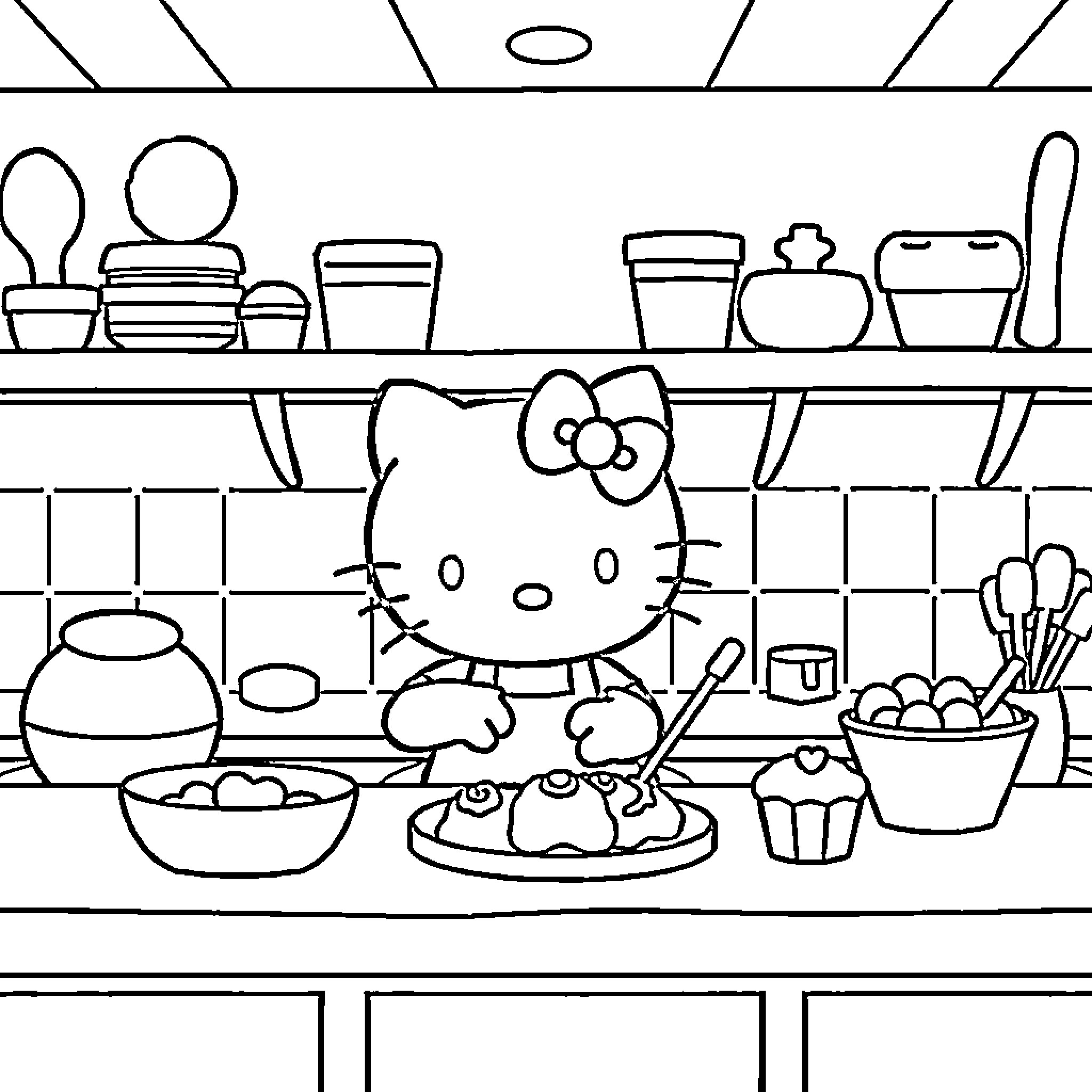 Hello Kitty baking in the kitchen Coloring Page (free black-and-white line drawing printable PDF for all, from beginners to advanced learners, including children, teens, adults, and seniors)