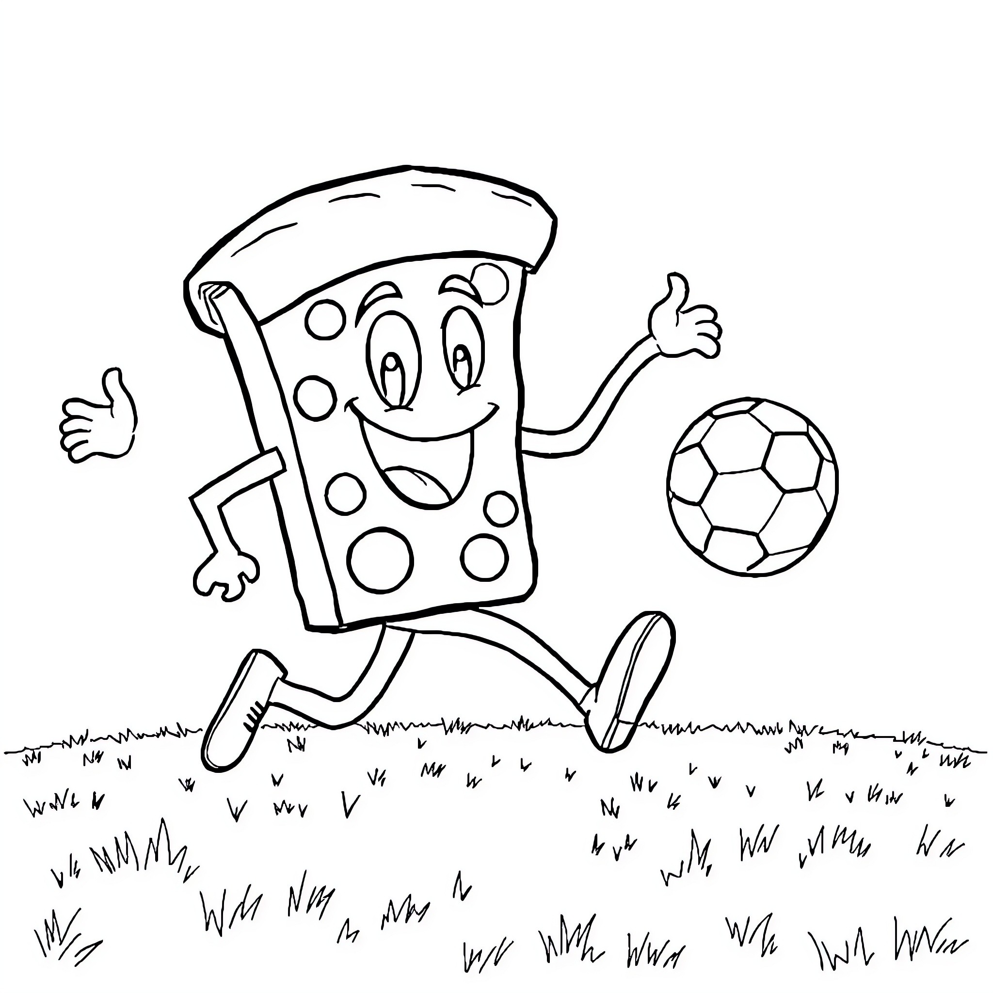 Pizza character playing with soccer ball on field Coloring Page (free black-and-white line drawing printable PDF for all, from beginners to advanced learners, including children, teens, adults, and seniors)