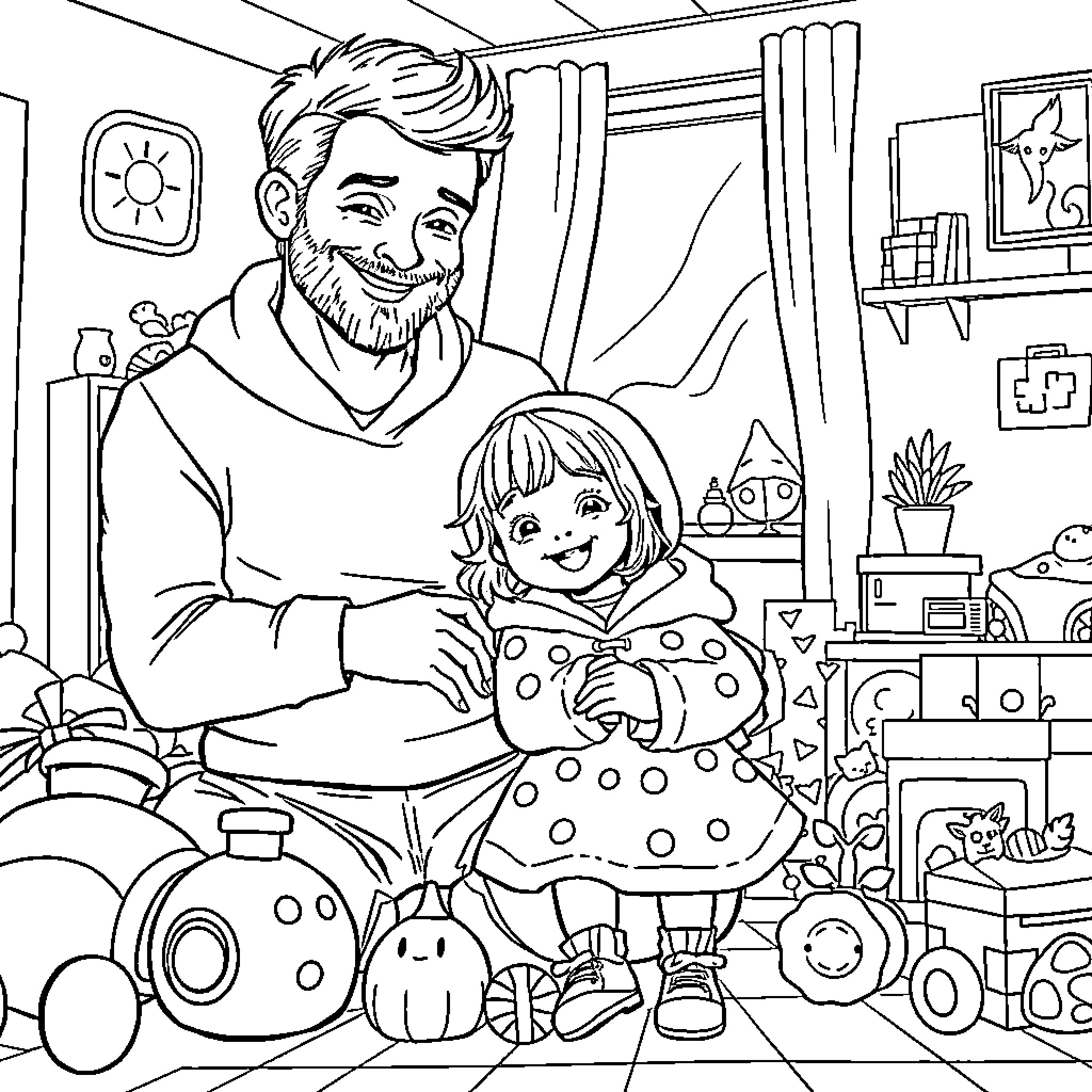 Girl and man in cozy home setting Coloring Page (free black-and-white line drawing printable PDF for all, from beginners to advanced learners, including children, teens, adults, and seniors)