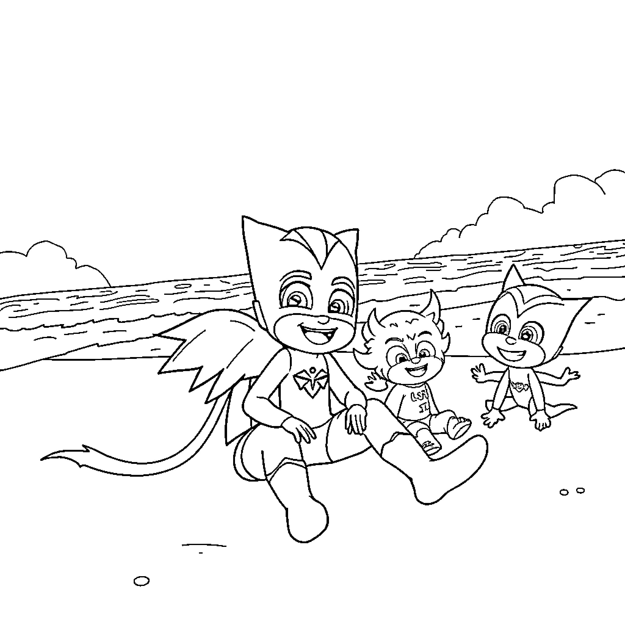 Huntrix and Friends on an Animated Beach Adventure Coloring Page (free black-and-white line drawing printable PDF for all, from beginners to advanced learners, including children, teens, adults, and seniors)