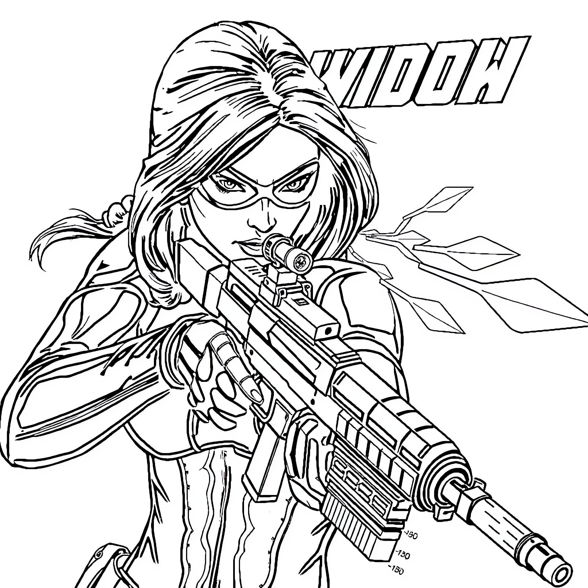Black Widow heroically wielding a weapon Coloring Page (free black-and-white line drawing printable PDF for all, from beginners to advanced learners, including children, teens, adults, and seniors)