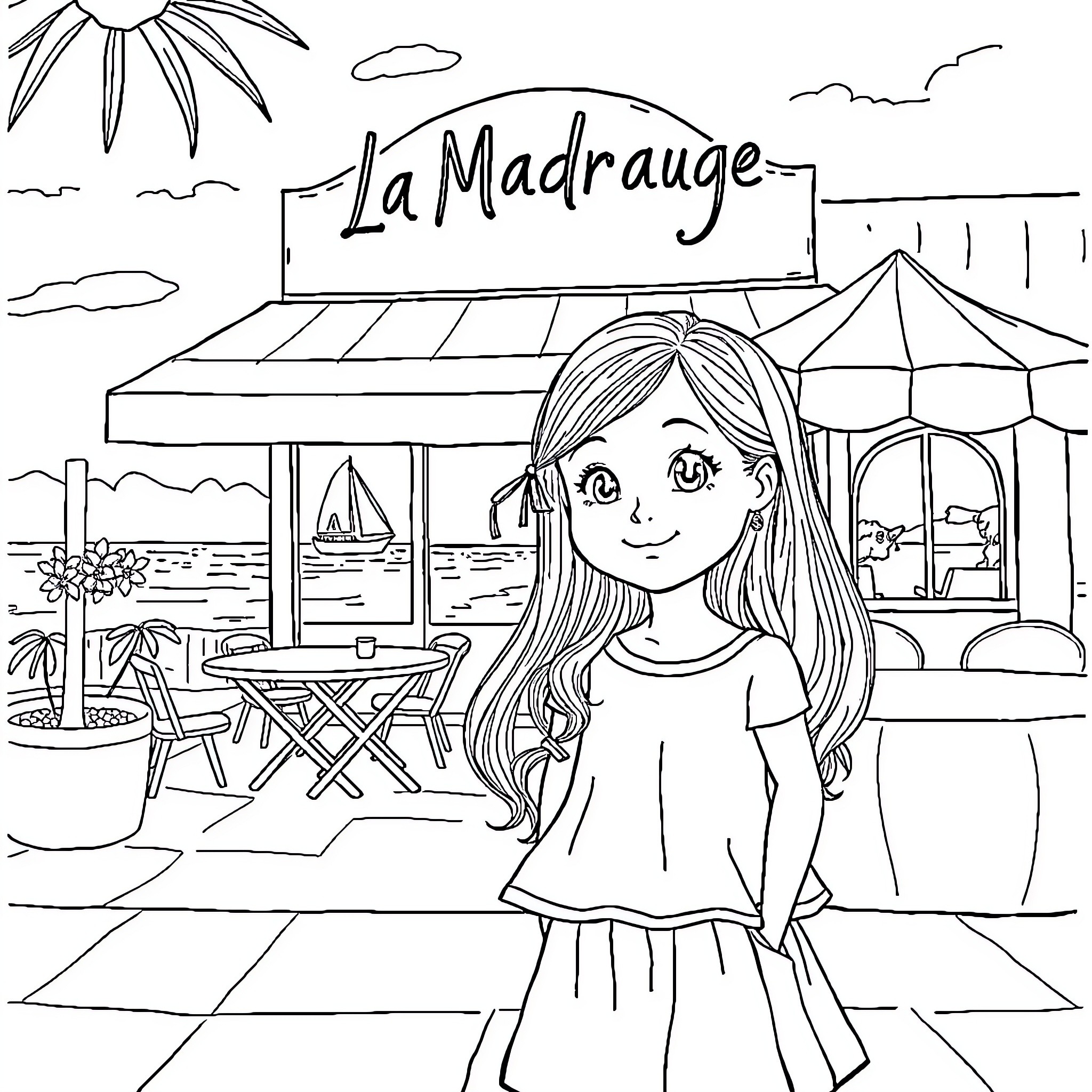 Girl exploring the lively boardwalk Coloring Page (free black-and-white line drawing printable PDF for all, from beginners to advanced learners, including children, teens, adults, and seniors)