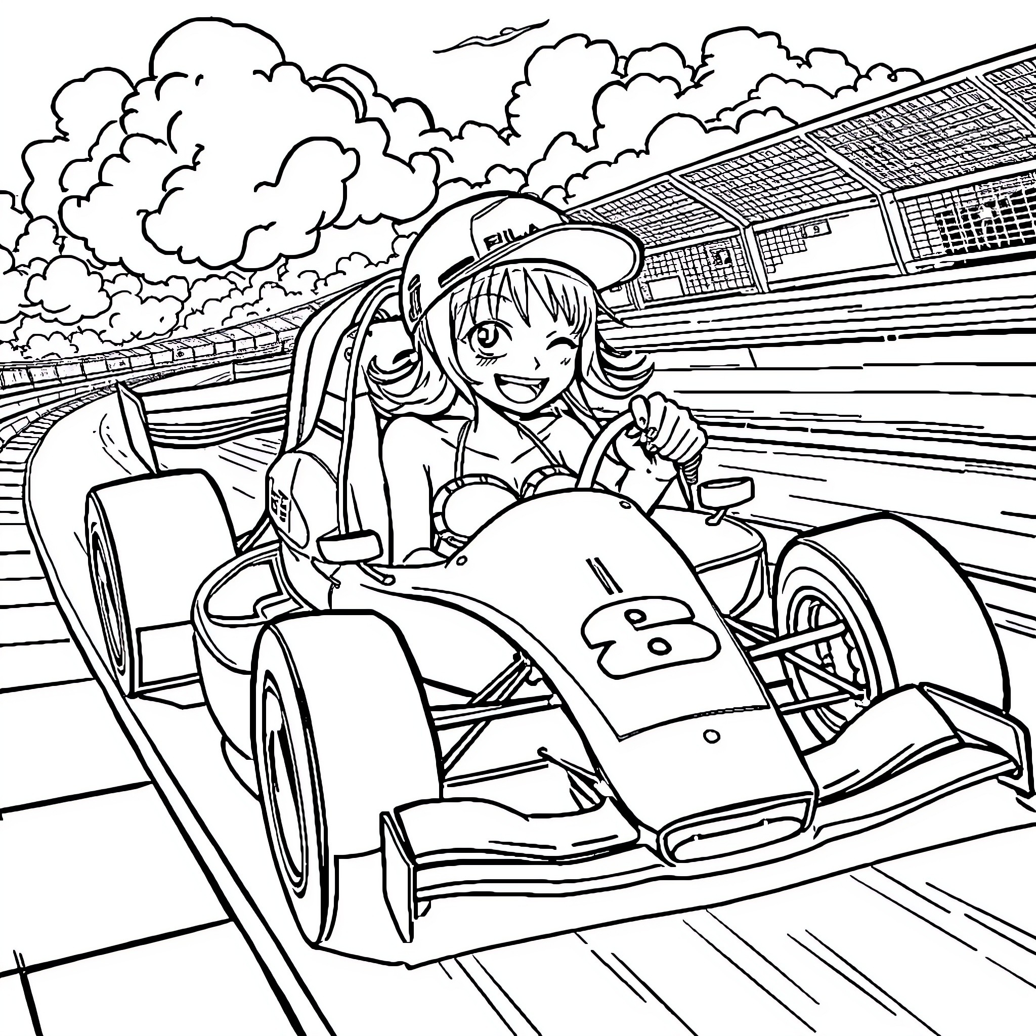 Nami's Exhilarating Formula Race Adventure Coloring Page (free black-and-white line drawing printable PDF for all, from beginners to advanced learners, including children, teens, adults, and seniors)