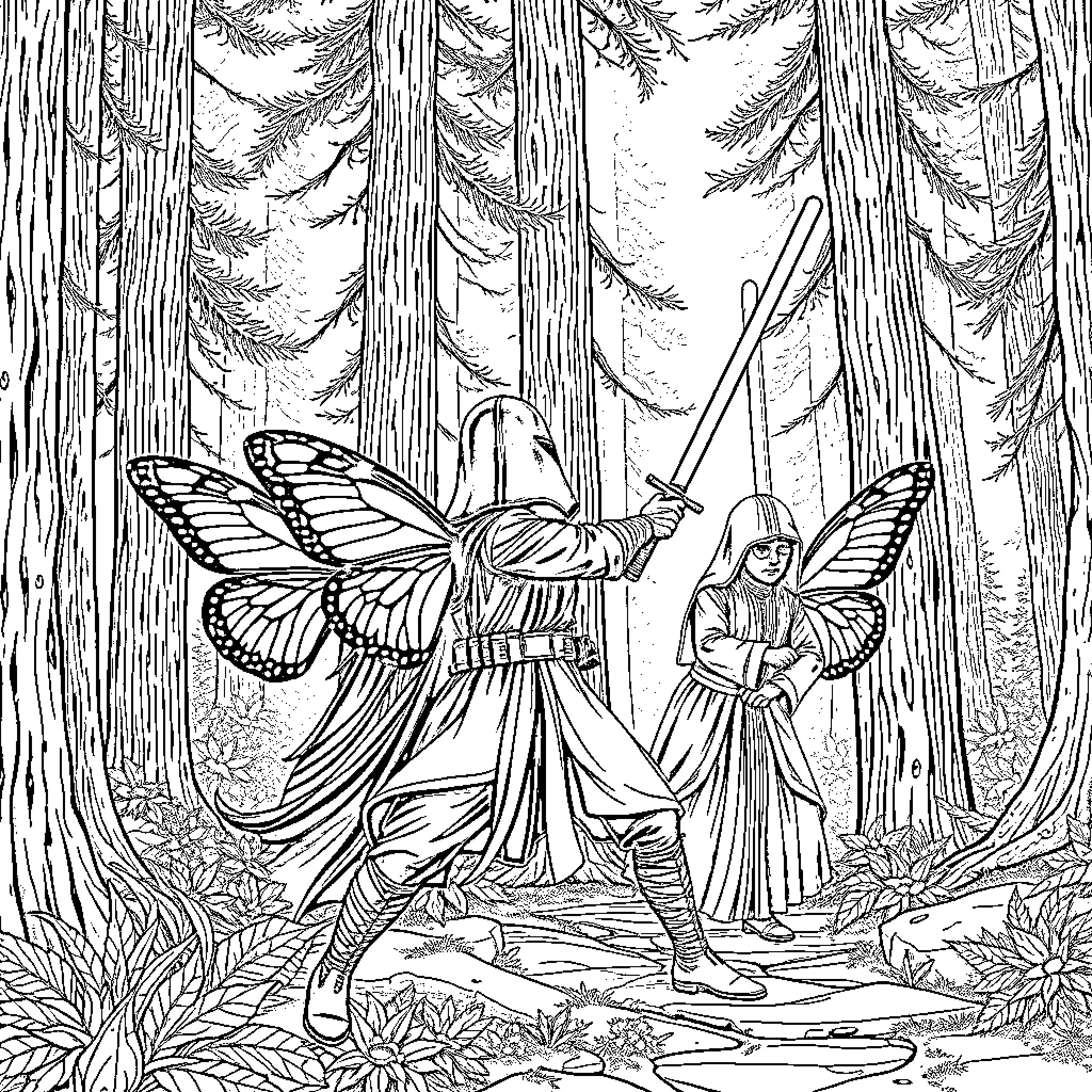 Butterfly Warrior's Enchanted Quest in the Forest Coloring Page (free black-and-white line drawing printable PDF for all, from beginners to advanced learners, including children, teens, adults, and seniors)
