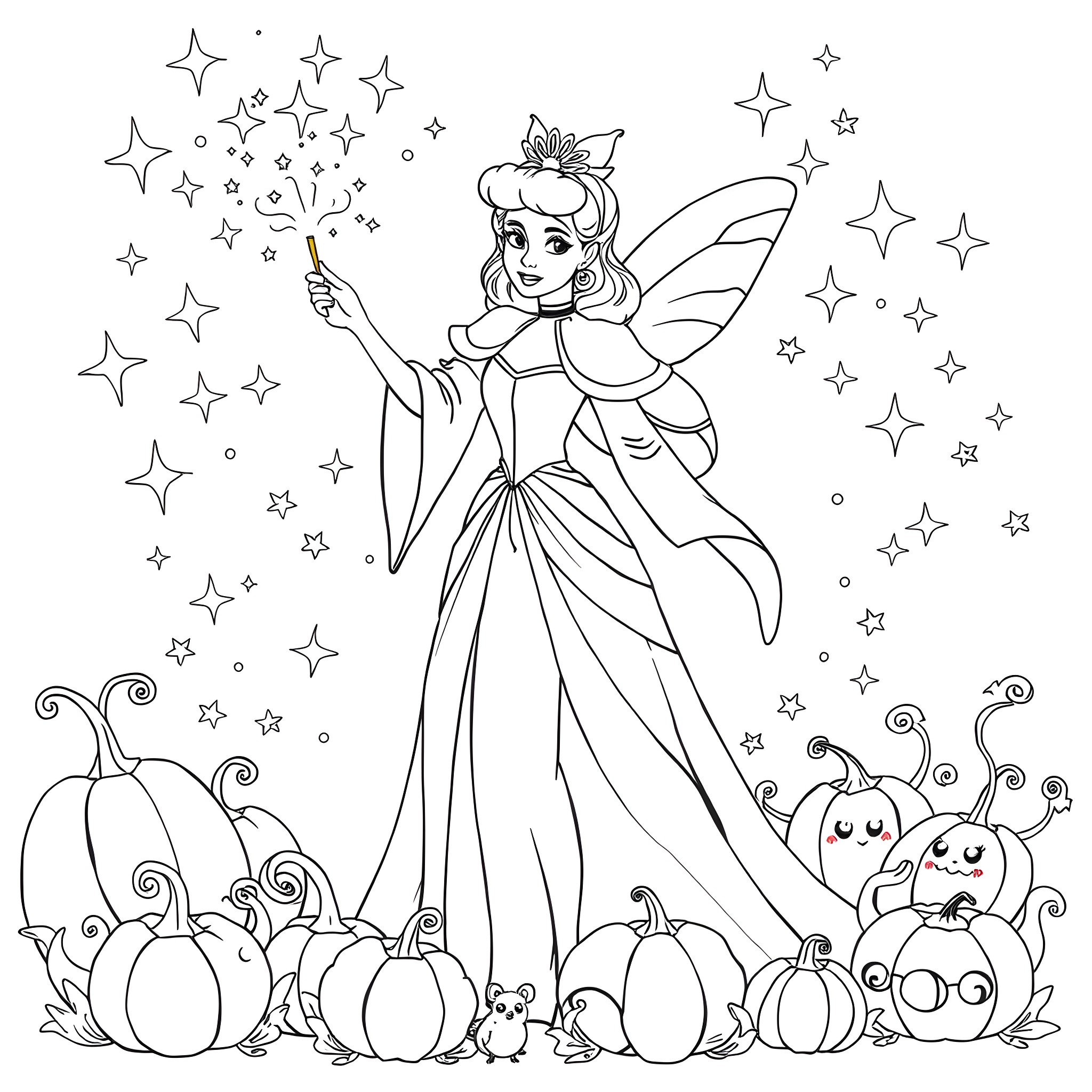 Fairy Godmother waving wand over magical pumpkins and creatures Coloring Page (free black-and-white line drawing printable PDF for all, from beginners to advanced learners, including children, teens, adults, and seniors)