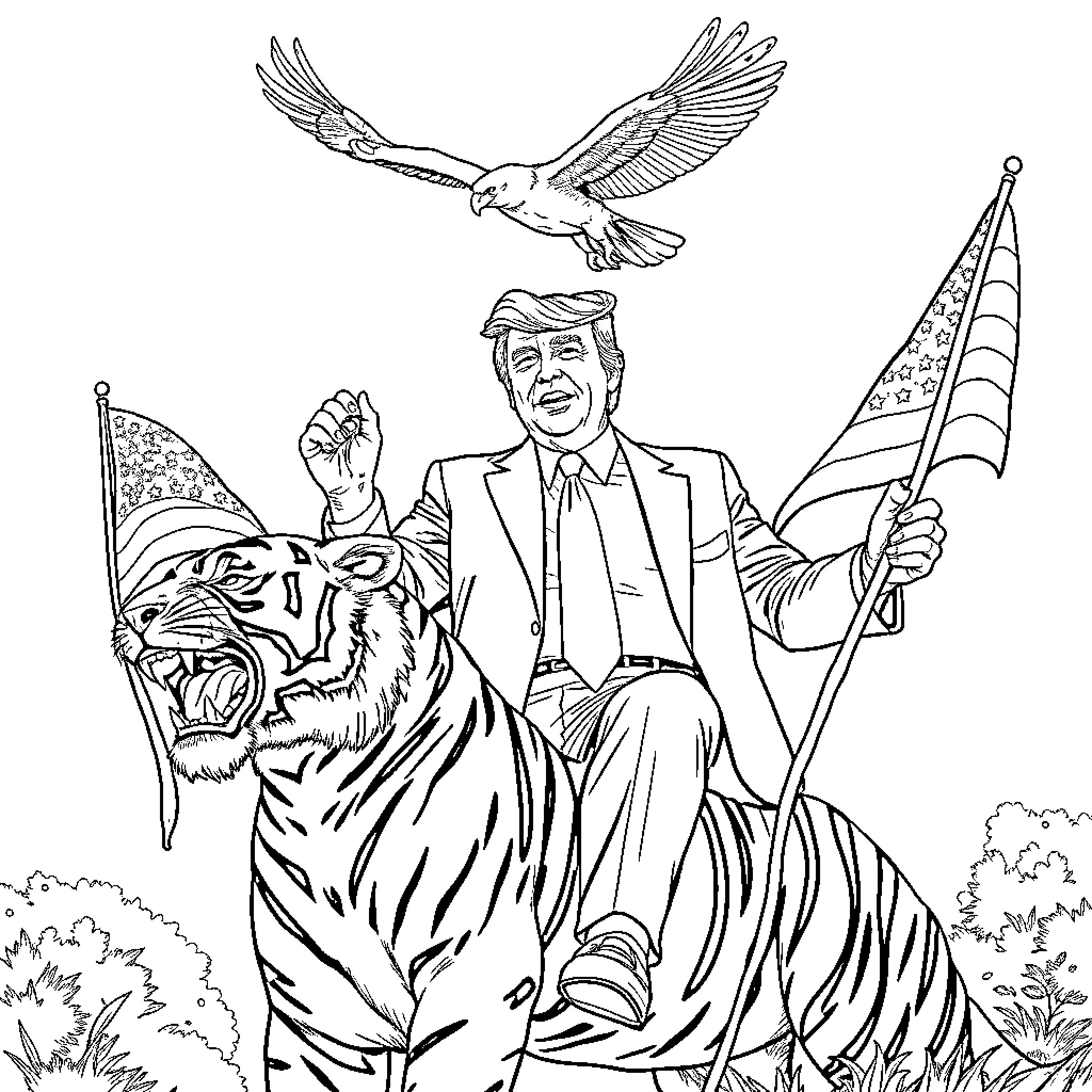 Donald Trump riding a tiger with American flags Coloring Page (free black-and-white line drawing printable PDF for all, from beginners to advanced learners, including children, teens, adults, and seniors)