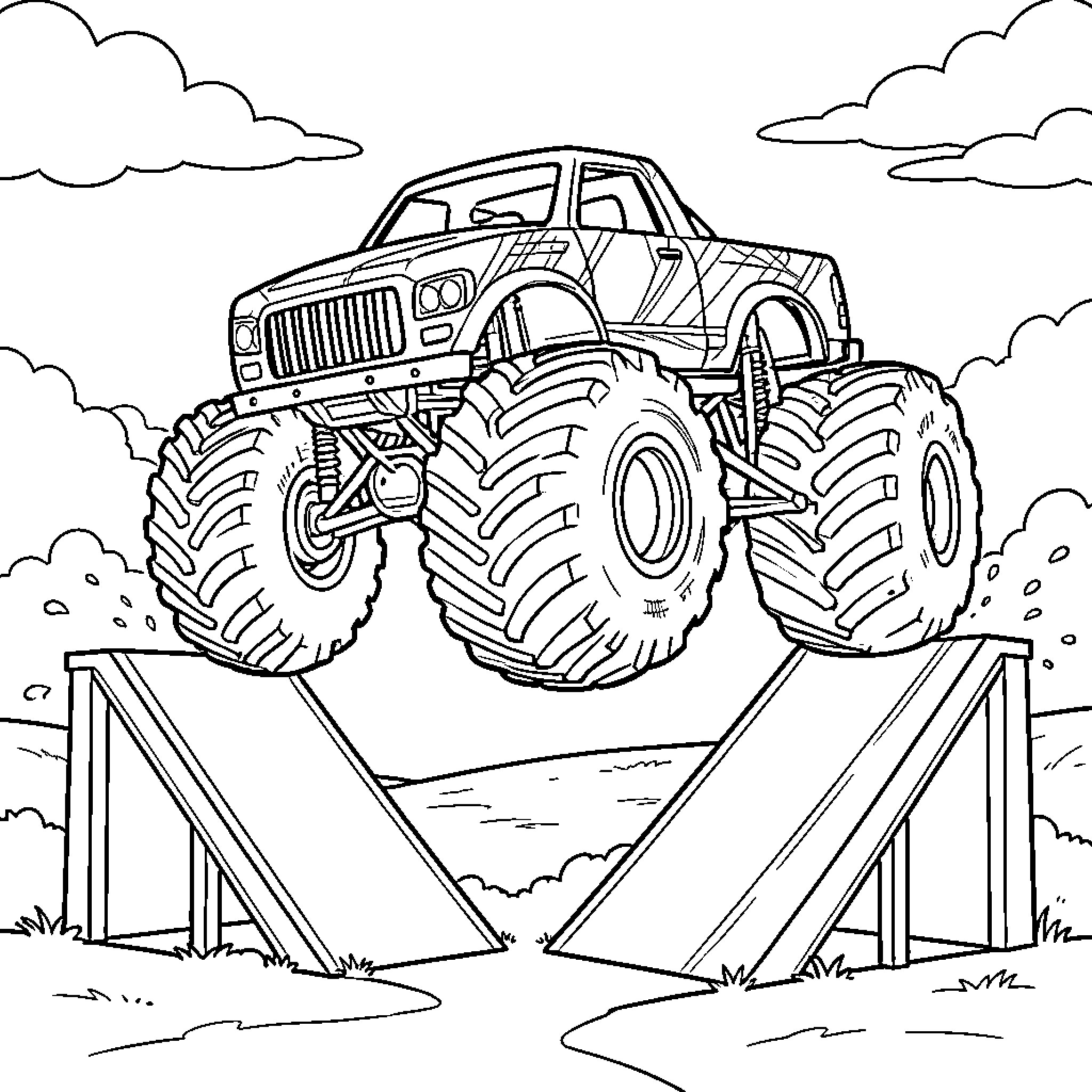 Monster Truck Performing Impressive Stunt on Ramp Coloring Page (free black-and-white line drawing printable PDF for all, from beginners to advanced learners, including children, teens, adults, and seniors)