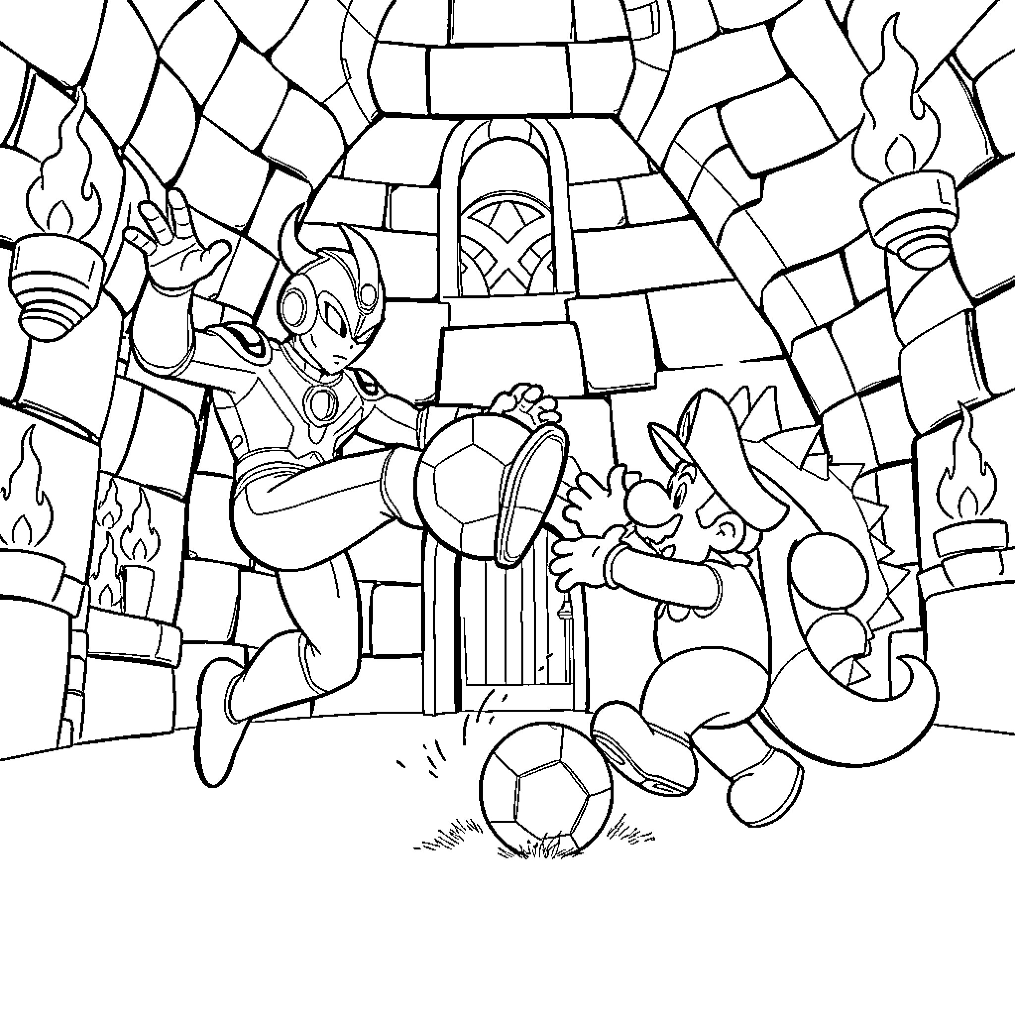 Ultraman battles in a fiery, chaotic arena Coloring Page (free black-and-white line drawing printable PDF for all, from beginners to advanced learners, including children, teens, adults, and seniors)