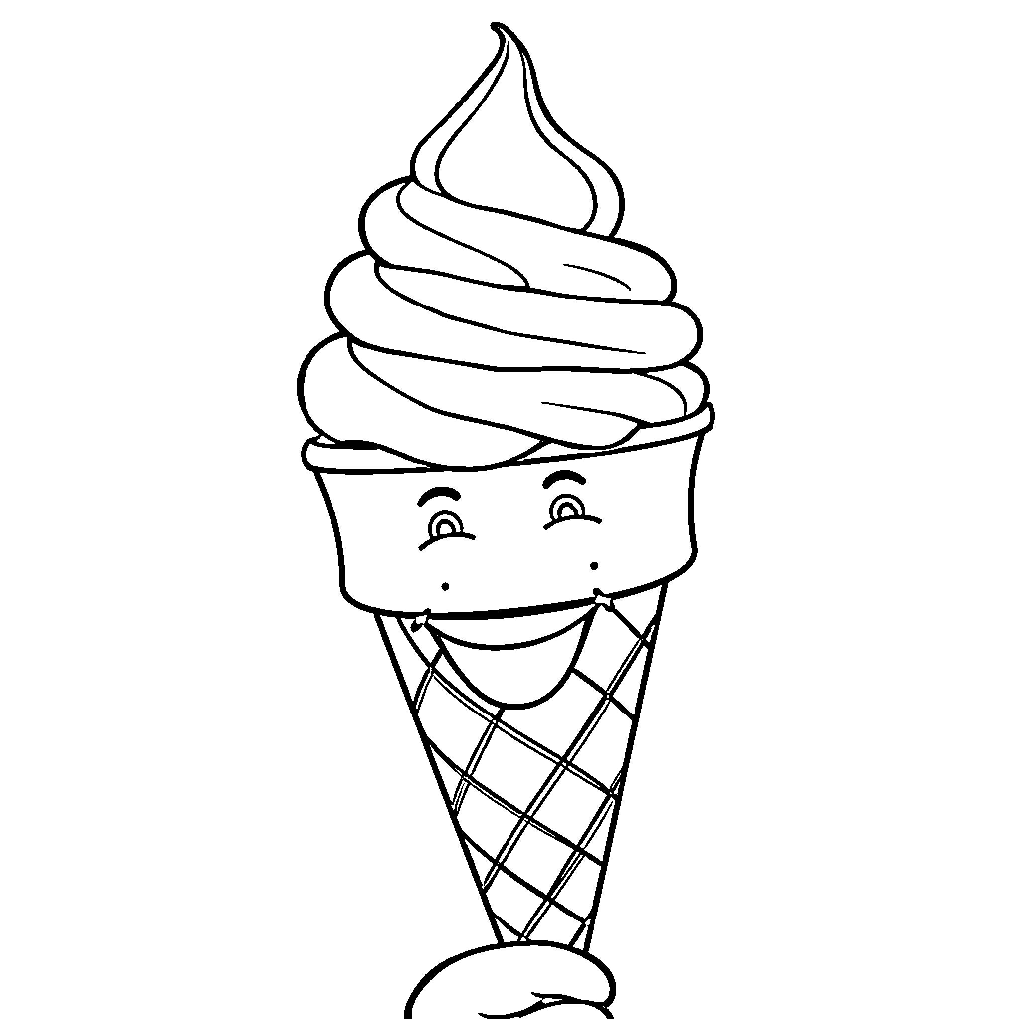 Ice Cream Cone with Smiling Face Coloring Page (free black-and-white line drawing printable PDF for all, from beginners to advanced learners, including children, teens, adults, and seniors)