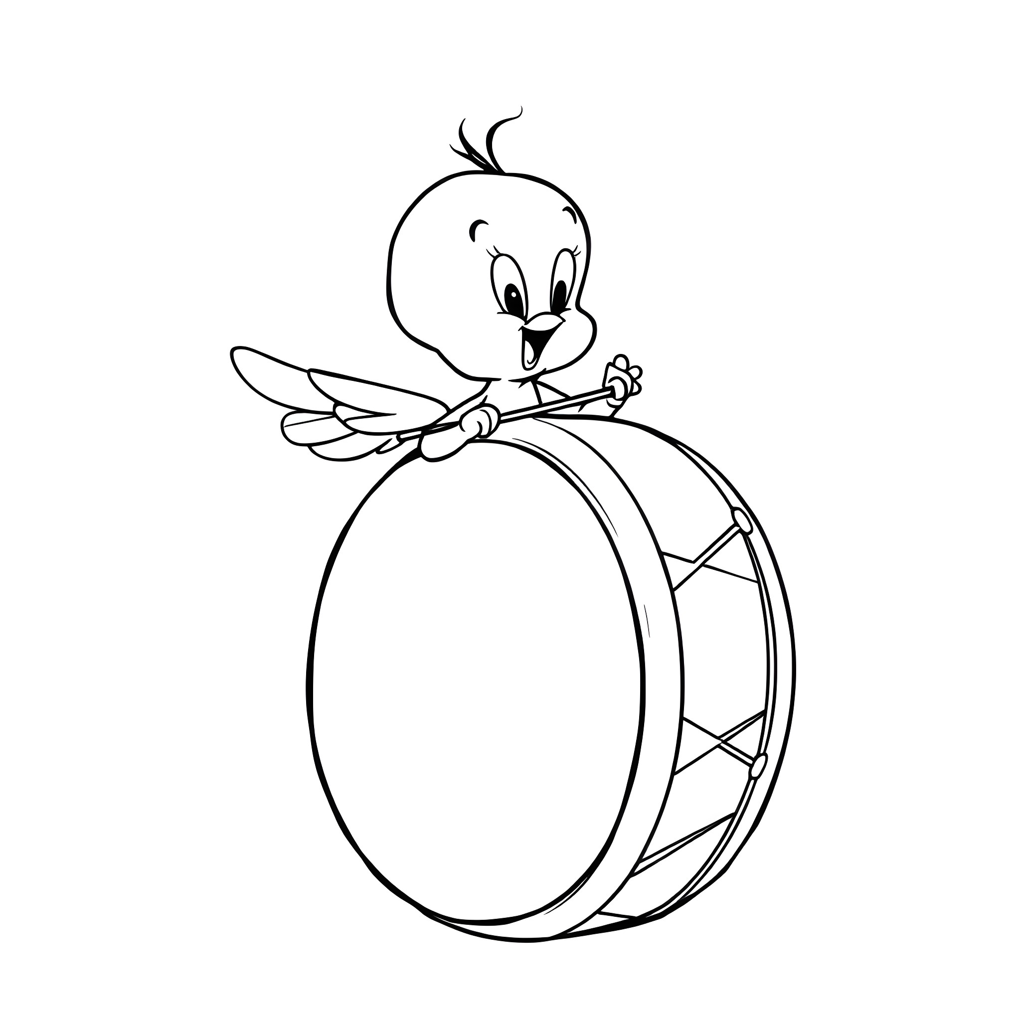 Tweety playing happily with drum in black and white Coloring Page (free black-and-white line drawing printable PDF for all, from beginners to advanced learners, including children, teens, adults, and seniors)