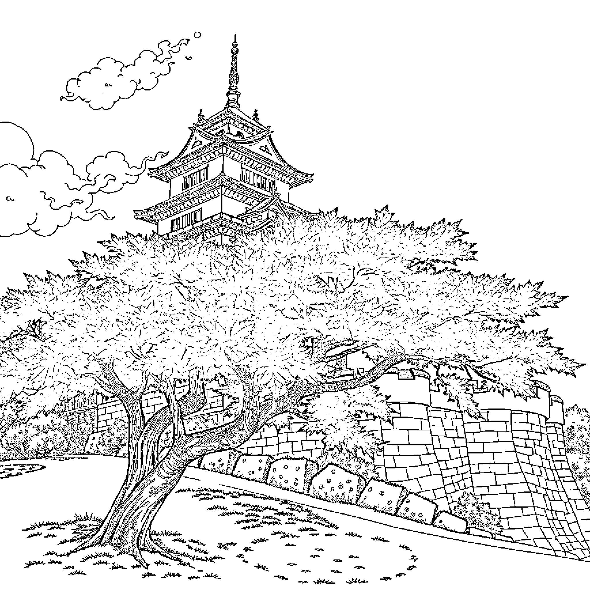 Maple Tree Blooms Near Majestic Pagoda Coloring Page (free black-and-white line drawing printable PDF for all, from beginners to advanced learners, including children, teens, adults, and seniors)