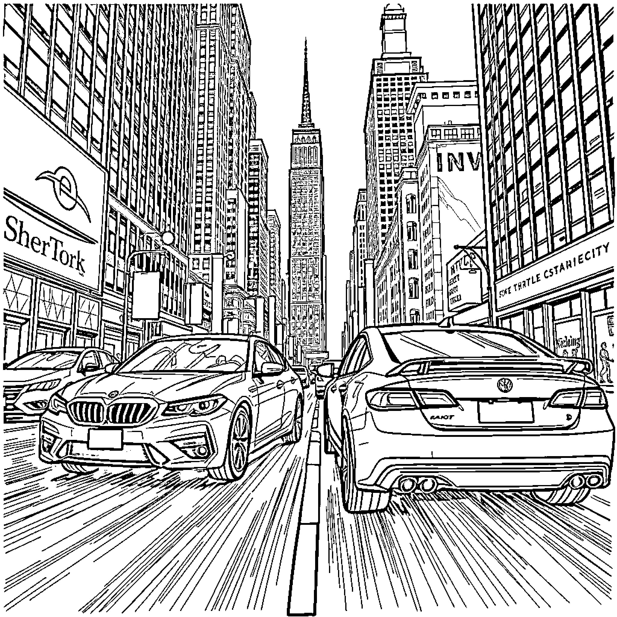 Car speeding through bustling city streets Coloring Page (free black-and-white line drawing printable PDF for all, from beginners to advanced learners, including children, teens, adults, and seniors)