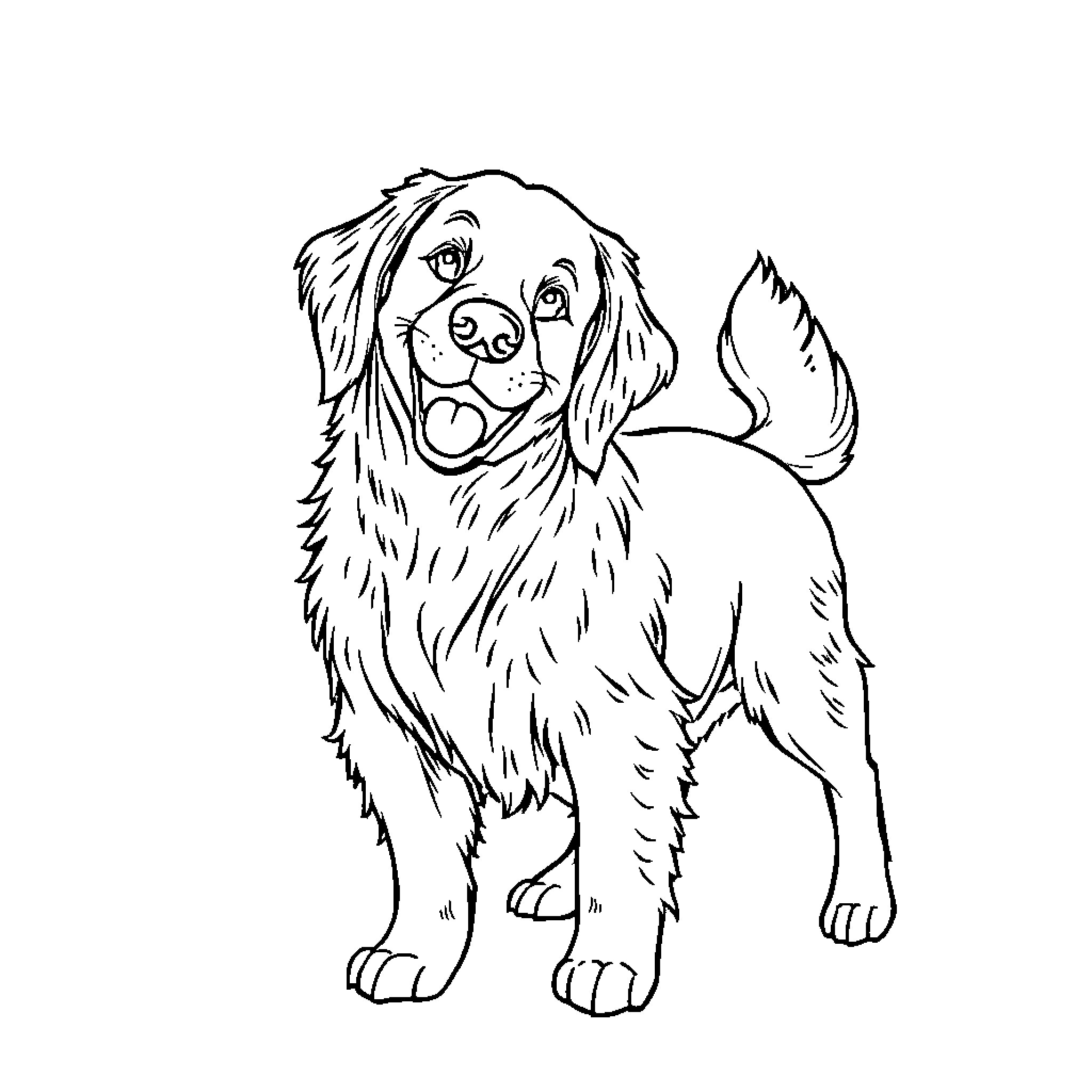 Golden Retriever standing with attentive expression Coloring Page (free black-and-white line drawing printable PDF for all, from beginners to advanced learners, including children, teens, adults, and seniors)
