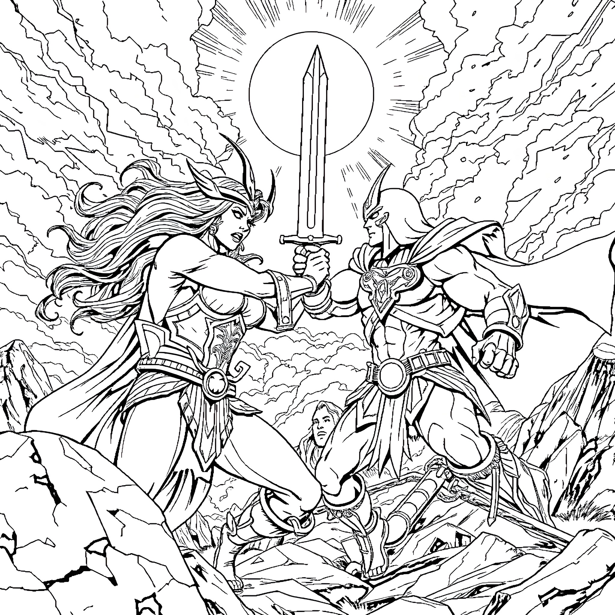 SheRa and HeMan: Epic Battle of Heroic Warriors Coloring Page (free black-and-white line drawing printable PDF for all, from beginners to advanced learners, including children, teens, adults, and seniors)