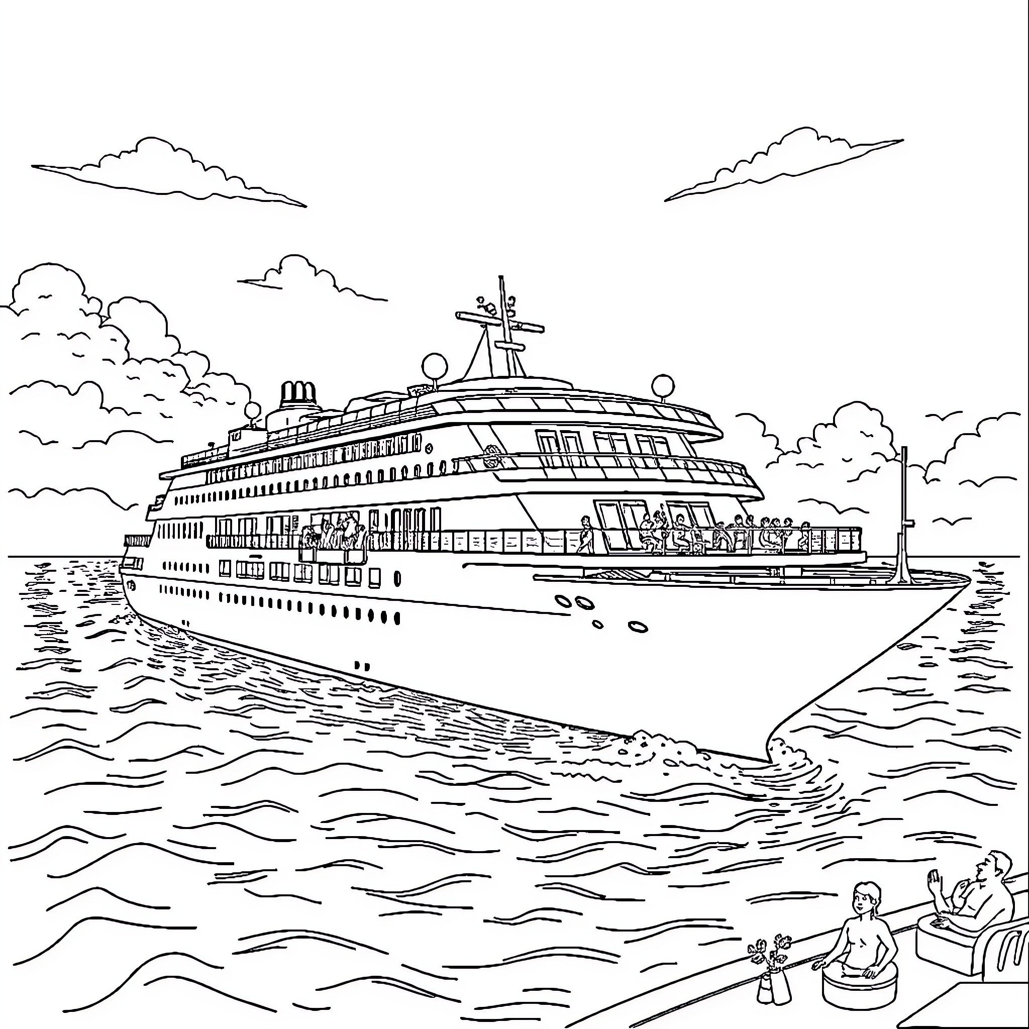 Cruise Ship Sailing on Calm Seas with Passengers Coloring Page (free black-and-white line drawing printable PDF for all, from beginners to advanced learners, including children, teens, adults, and seniors)