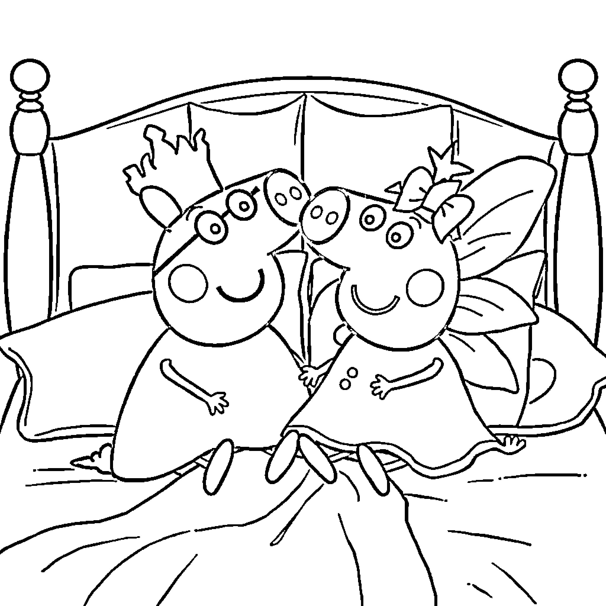 Peppa Pig and friends having fun in bed Coloring Page (free black-and-white line drawing printable PDF for all, from beginners to advanced learners, including children, teens, adults, and seniors)