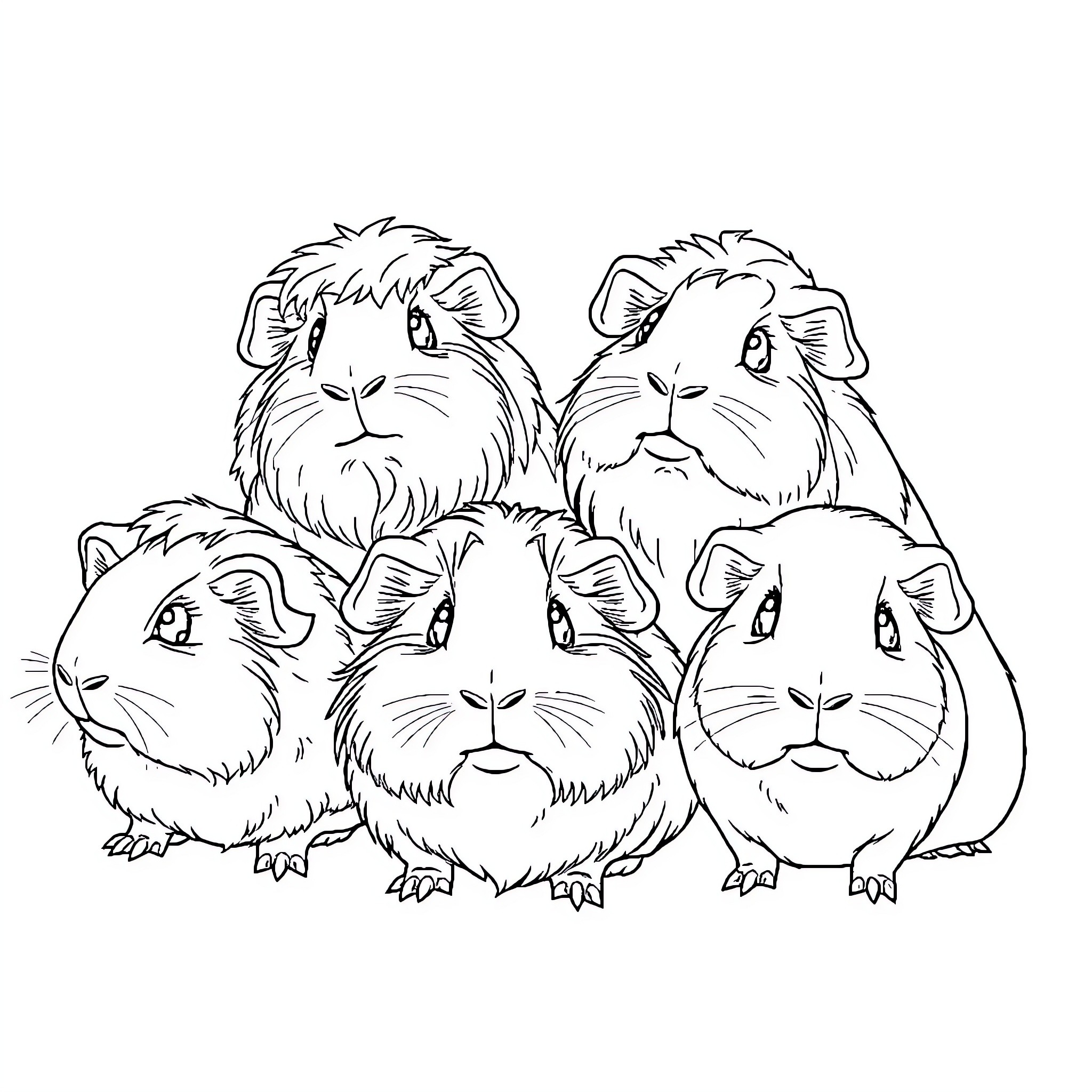 Guinea Pigs gathered together Coloring Page (free black-and-white line drawing printable PDF for all, from beginners to advanced learners, including children, teens, adults, and seniors)