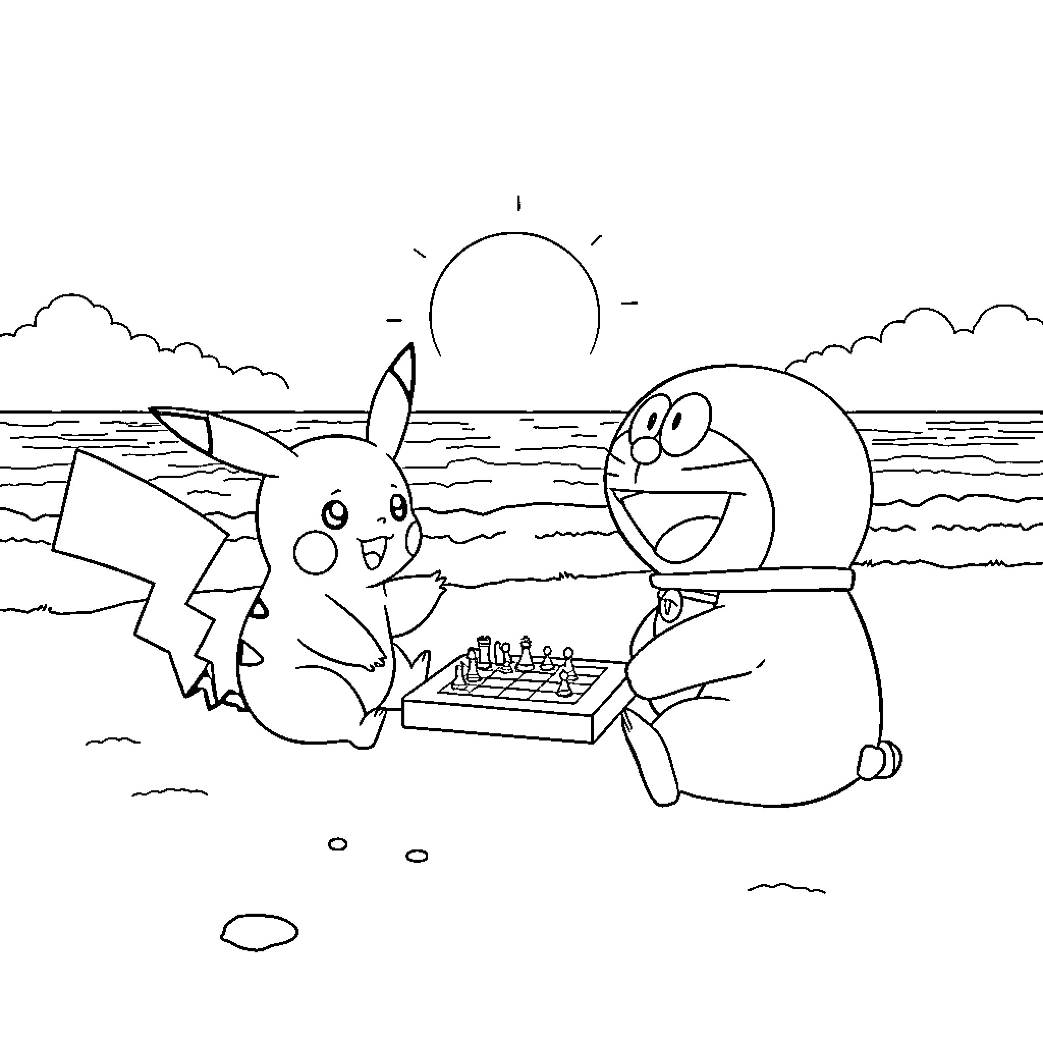 Pikachu and Doraemon playing chess by the beach Coloring Page (free black-and-white line drawing printable PDF for all, from beginners to advanced learners, including children, teens, adults, and seniors)