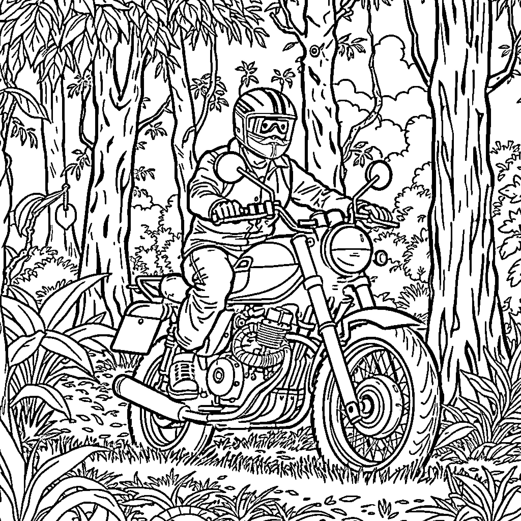 Perezoso's thrilling jungle motorcycle ride Coloring Page (free black-and-white line drawing printable PDF for all, from beginners to advanced learners, including children, teens, adults, and seniors)