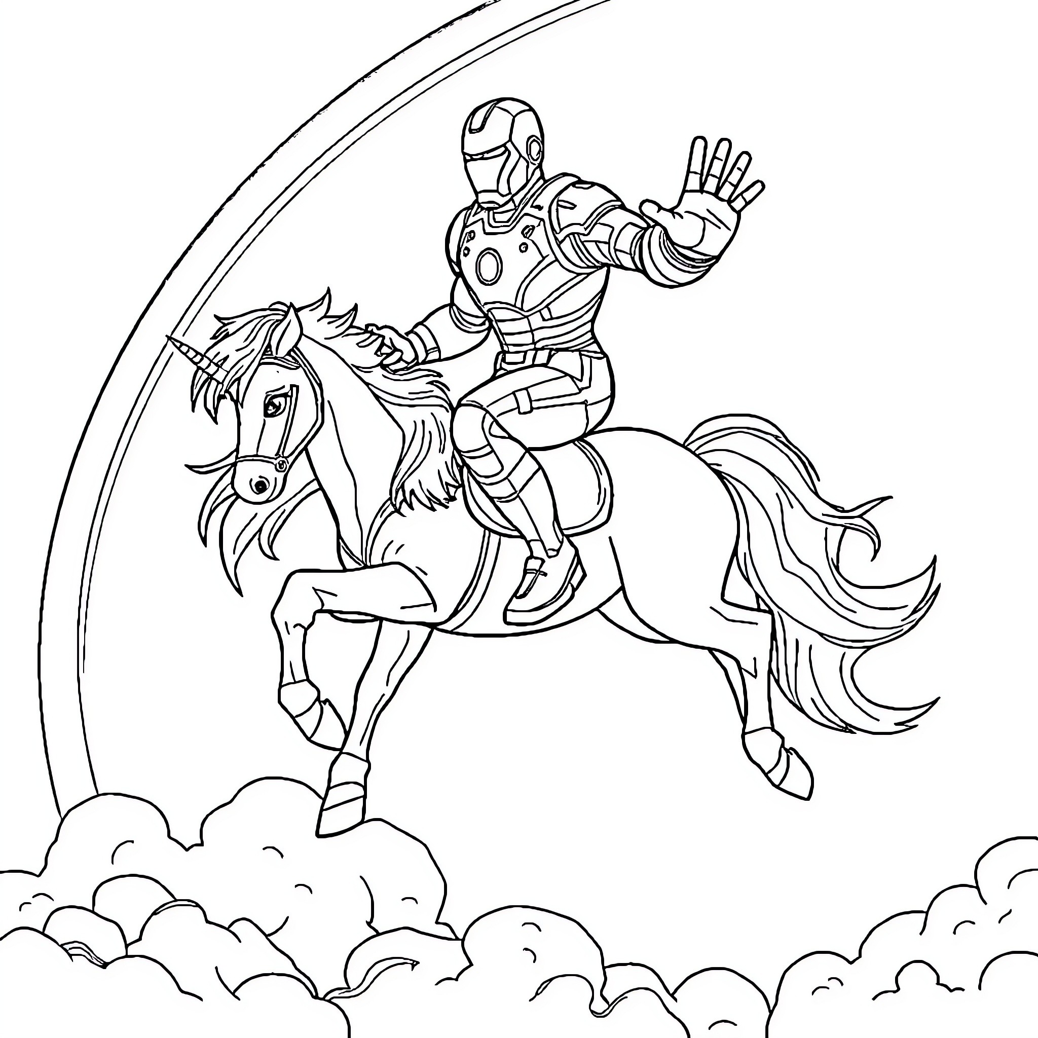 Ironman riding a horse through the clouds Coloring Page (free black-and-white line drawing printable PDF for all, from beginners to advanced learners, including children, teens, adults, and seniors)