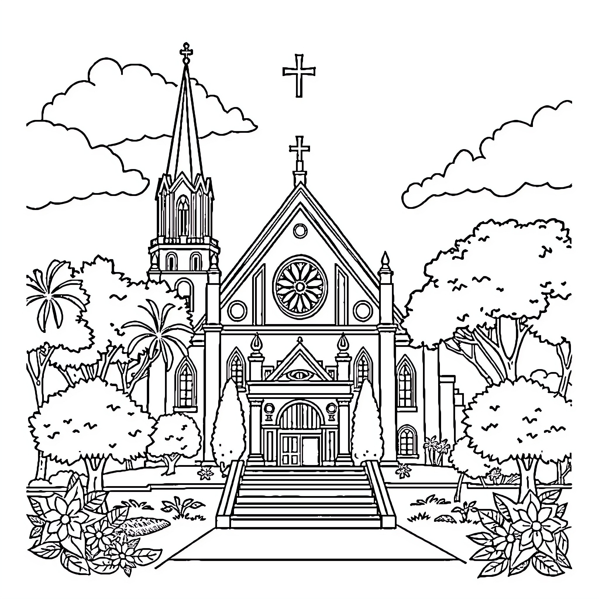Mary Magdalene visits the grand cathedral Coloring Page (free black-and-white line drawing printable PDF for all, from beginners to advanced learners, including children, teens, adults, and seniors)