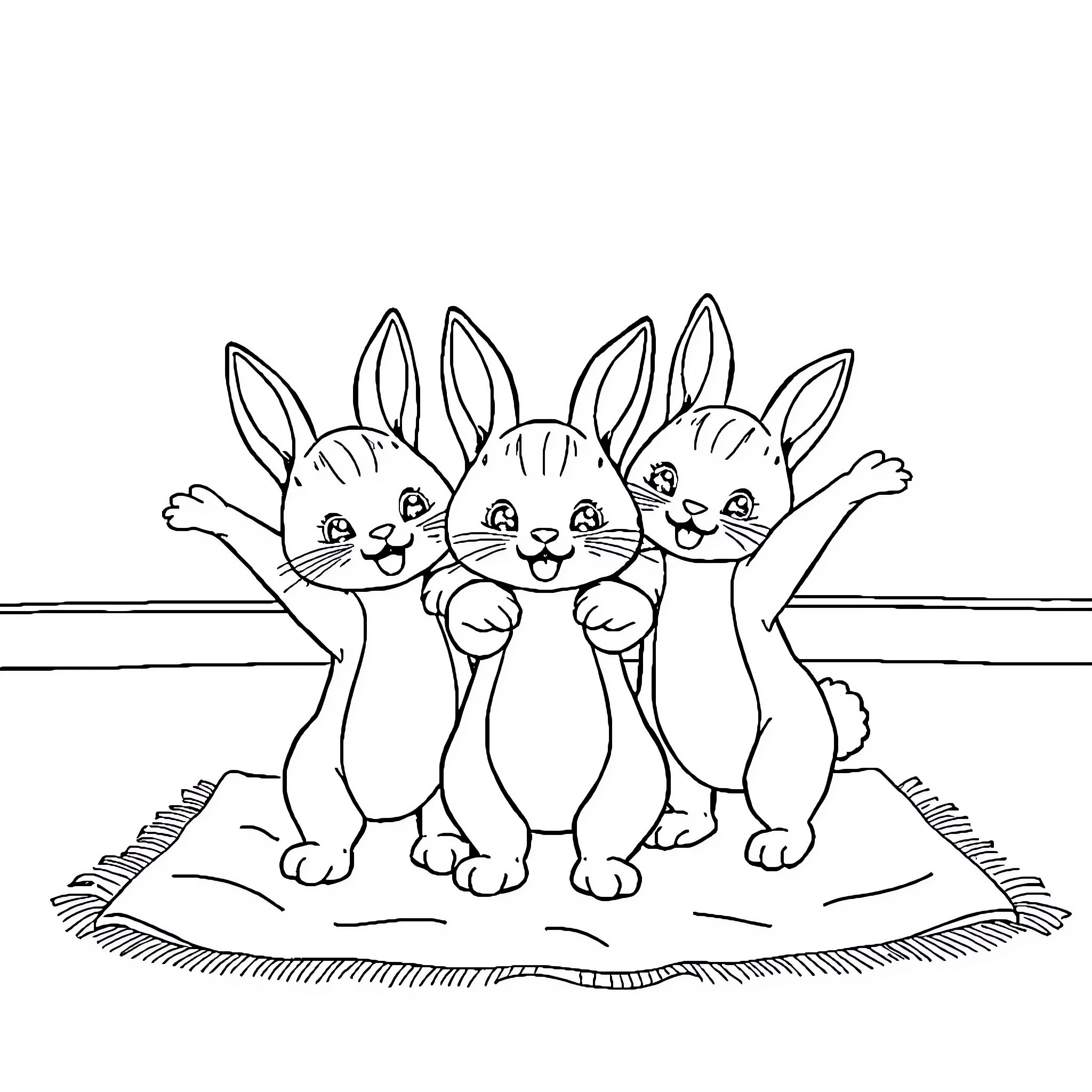 Bunny friends enjoying a sunny day together Coloring Page (free black-and-white line drawing printable PDF for all, from beginners to advanced learners, including children, teens, adults, and seniors)