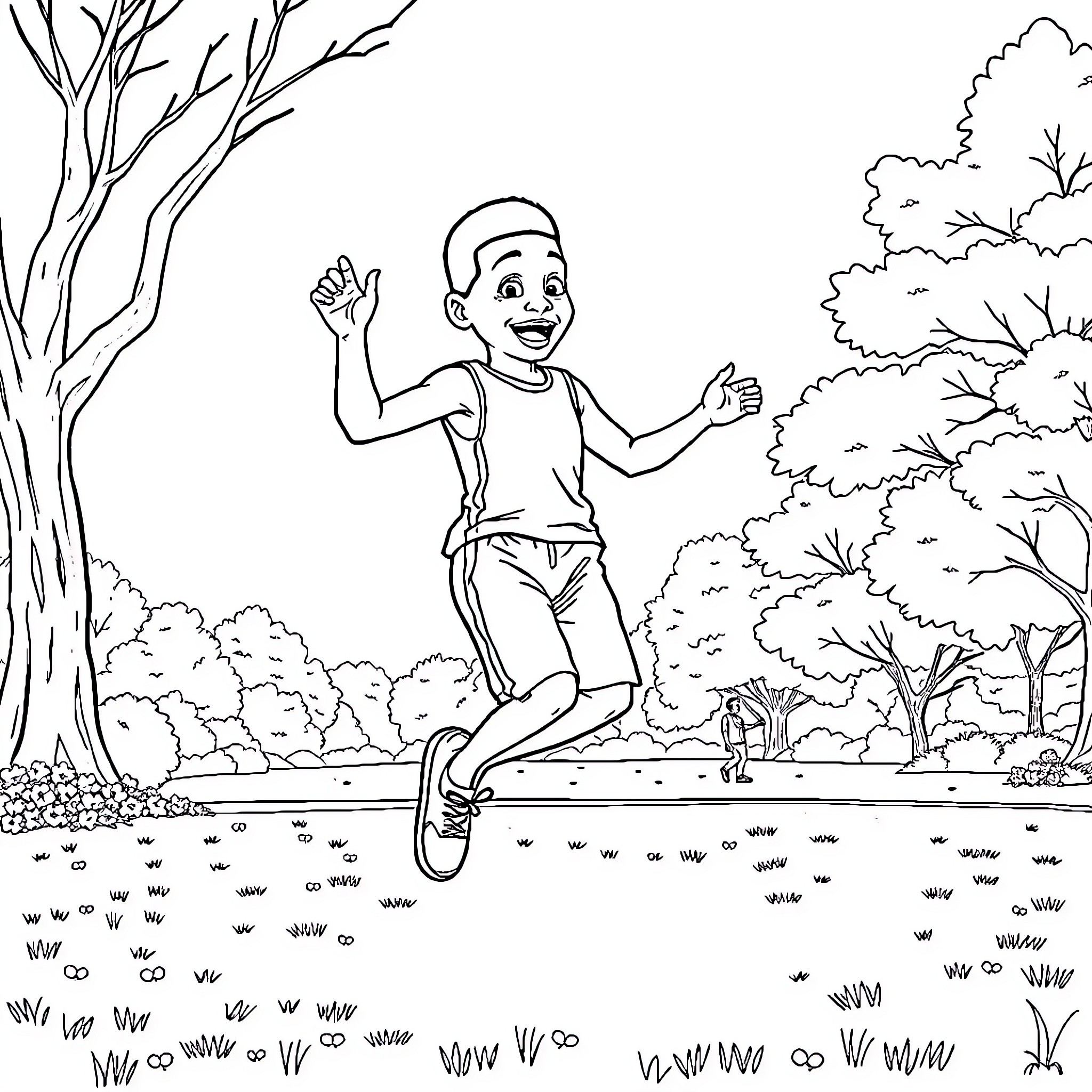 Mbappe running joyfully through a forest landscape Coloring Page (free black-and-white line drawing printable PDF for all, from beginners to advanced learners, including children, teens, adults, and seniors)