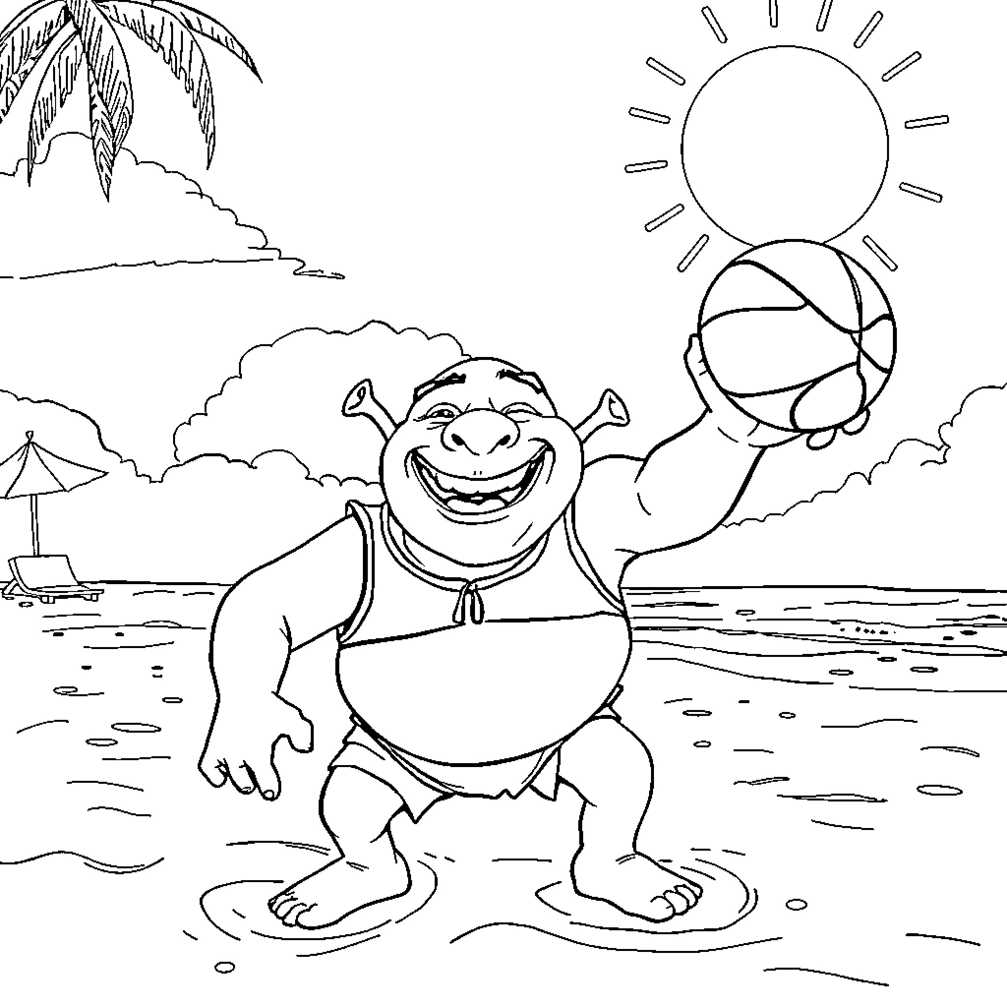 Shrek enjoying a beach day with a beachball Coloring Page (free black-and-white line drawing printable PDF for all, from beginners to advanced learners, including children, teens, adults, and seniors)
