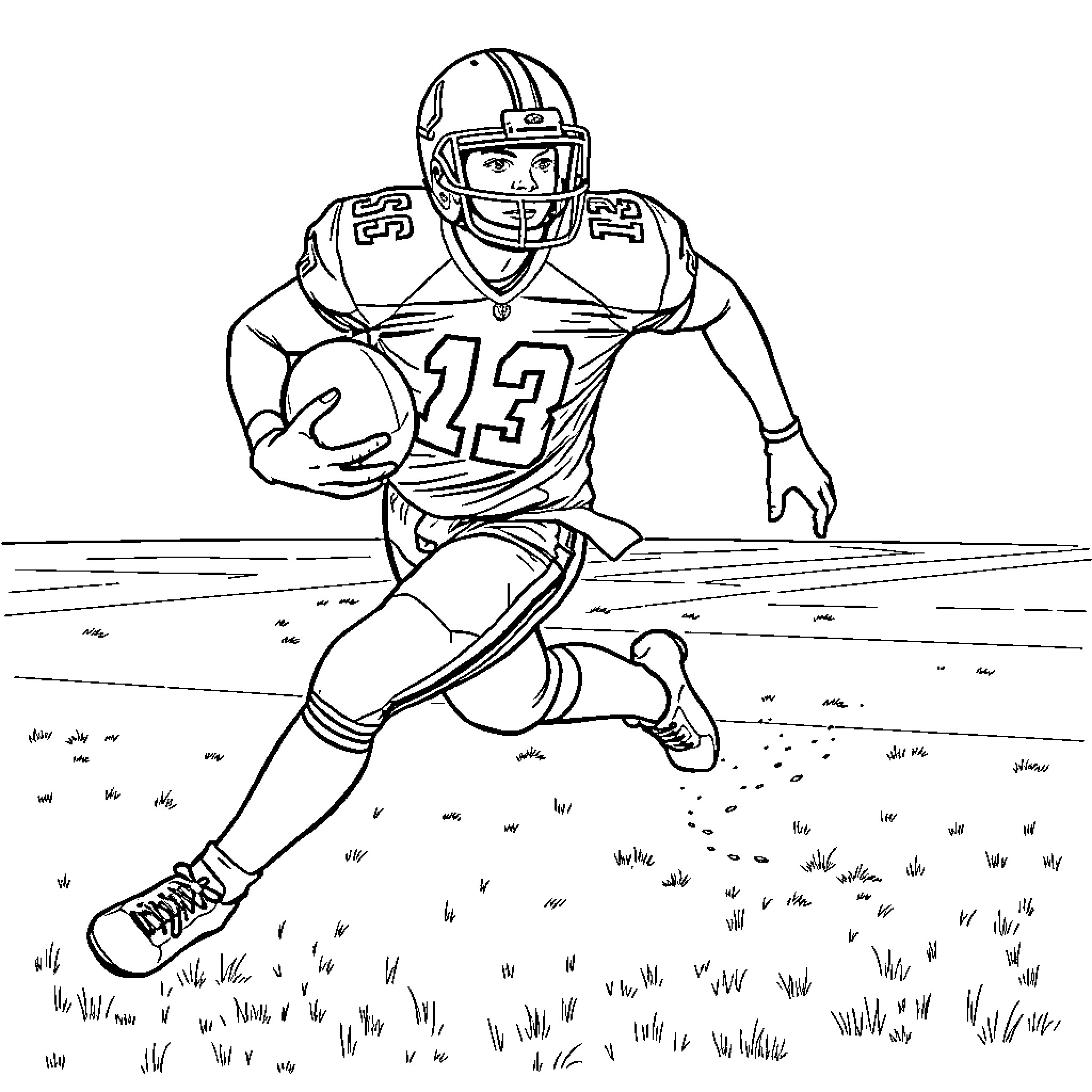 Football Player Running Downfield with Ball Coloring Page (free black-and-white line drawing printable PDF for all, from beginners to advanced learners, including children, teens, adults, and seniors)