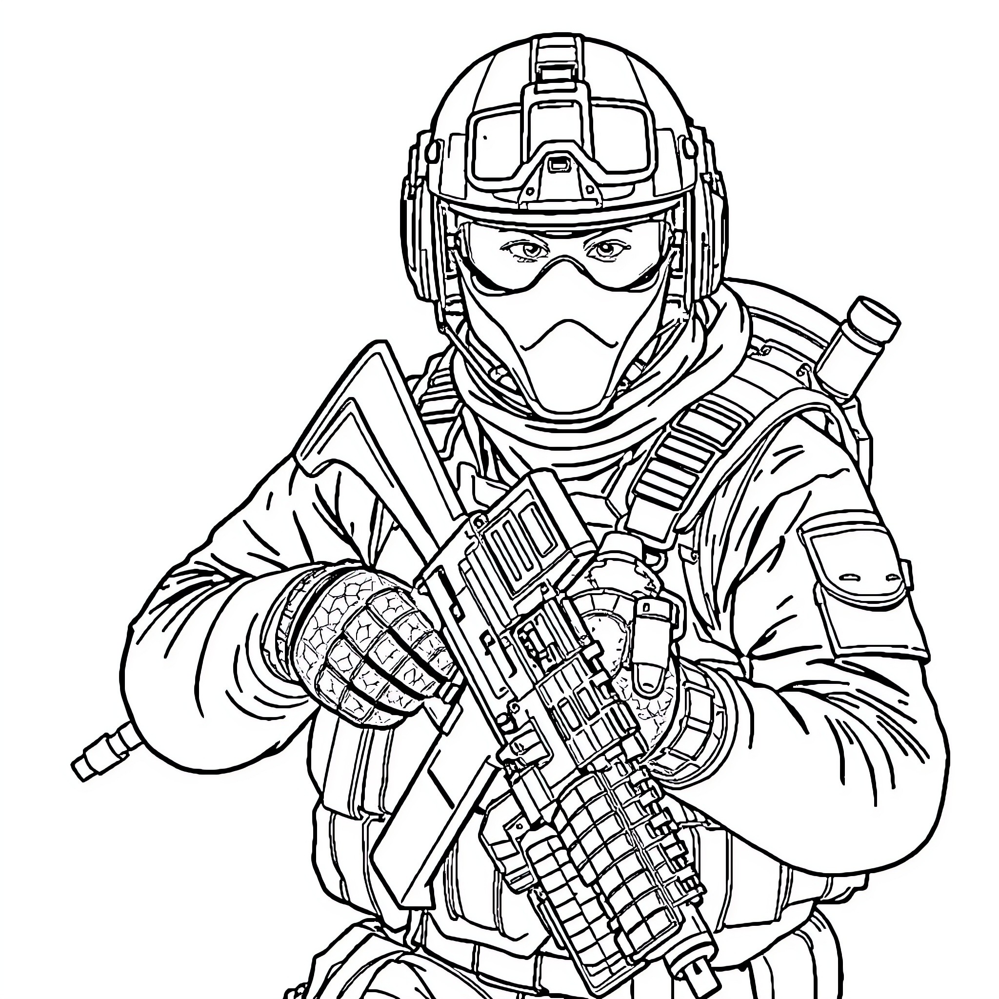 SAS Operator in tactical gear holding assault rifle Coloring Page (free black-and-white line drawing printable PDF for all, from beginners to advanced learners, including children, teens, adults, and seniors)