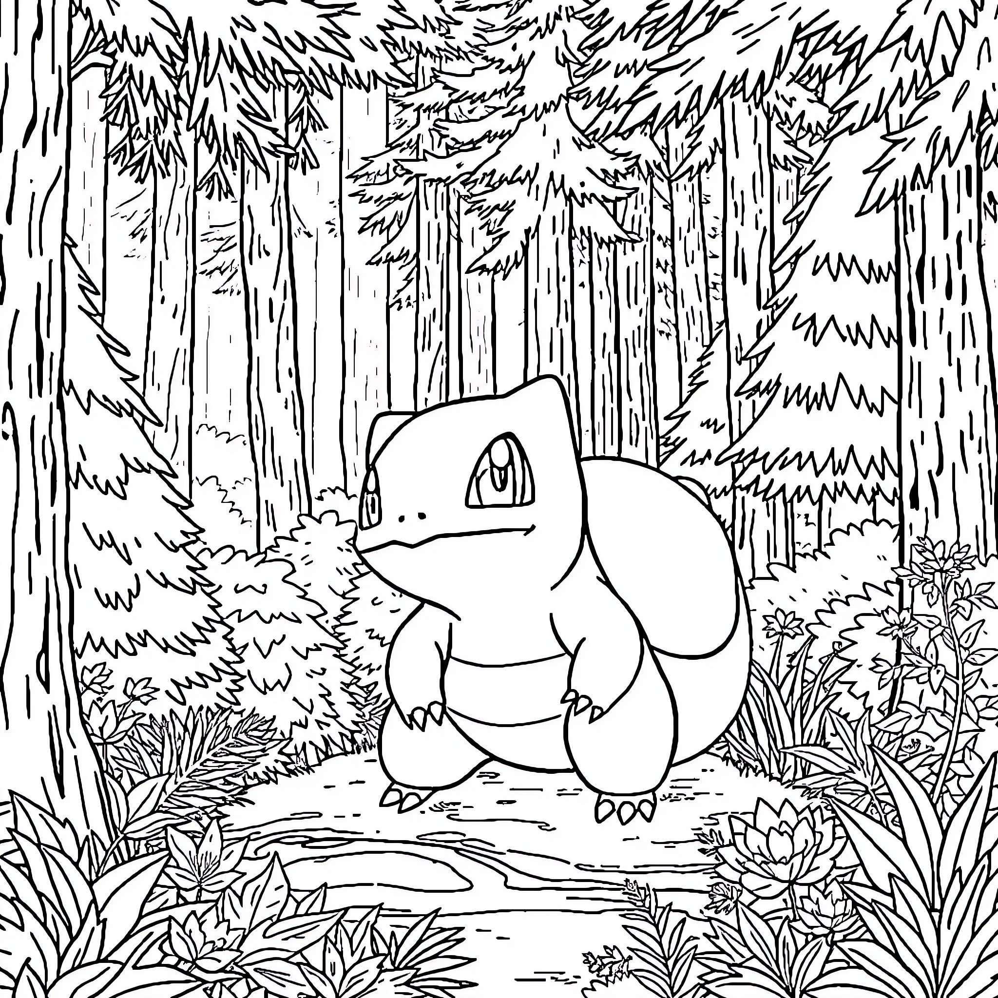 Bulbasaur resting in a tranquil forest Coloring Page (free black-and-white line drawing printable PDF for all, from beginners to advanced learners, including children, teens, adults, and seniors)