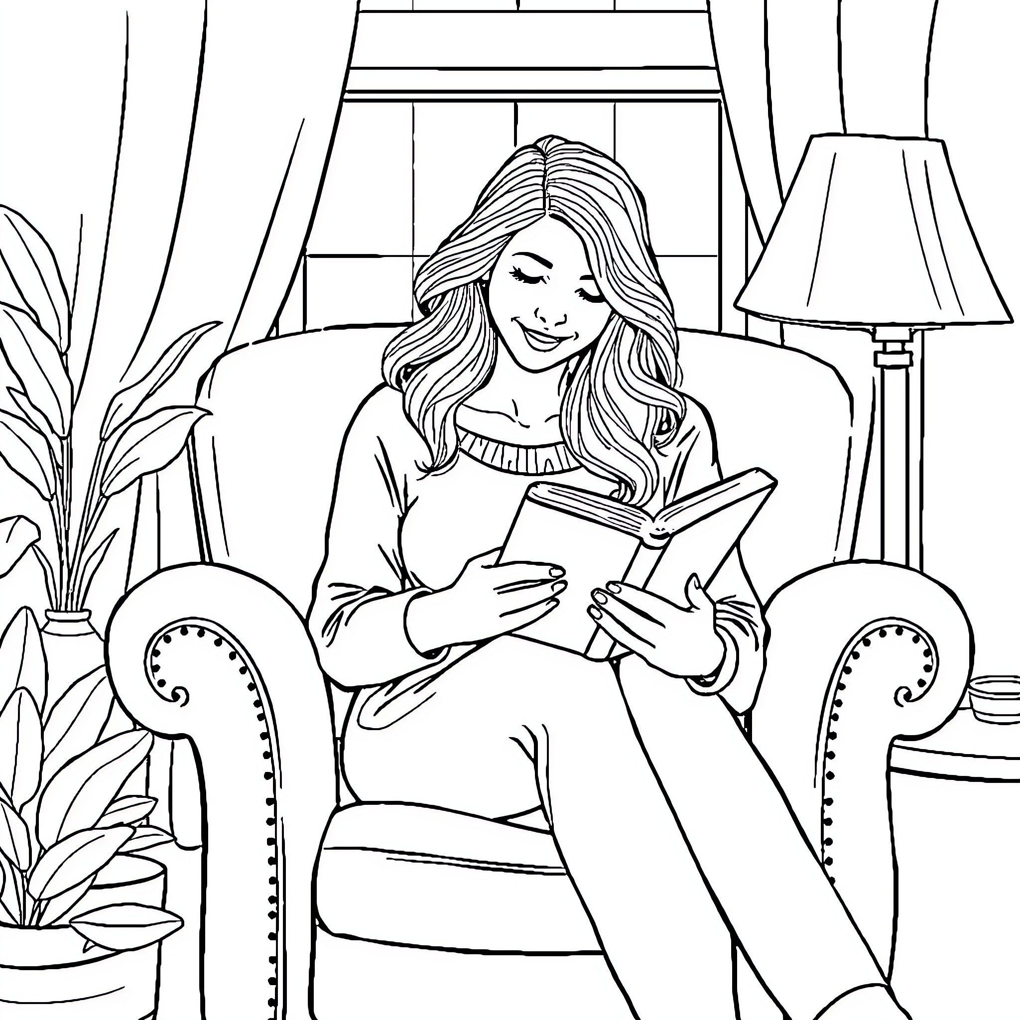 Woman reading a book in a cozy living room Coloring Page (free black-and-white line drawing printable PDF for all, from beginners to advanced learners, including children, teens, adults, and seniors)