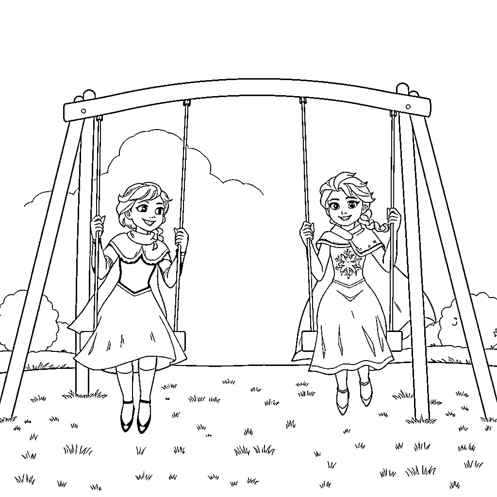 Anna and Elsa enjoying a swing in the countryside Coloring Page (free black-and-white line drawing printable PDF for all, from beginners to advanced learners, including children, teens, adults, and seniors)